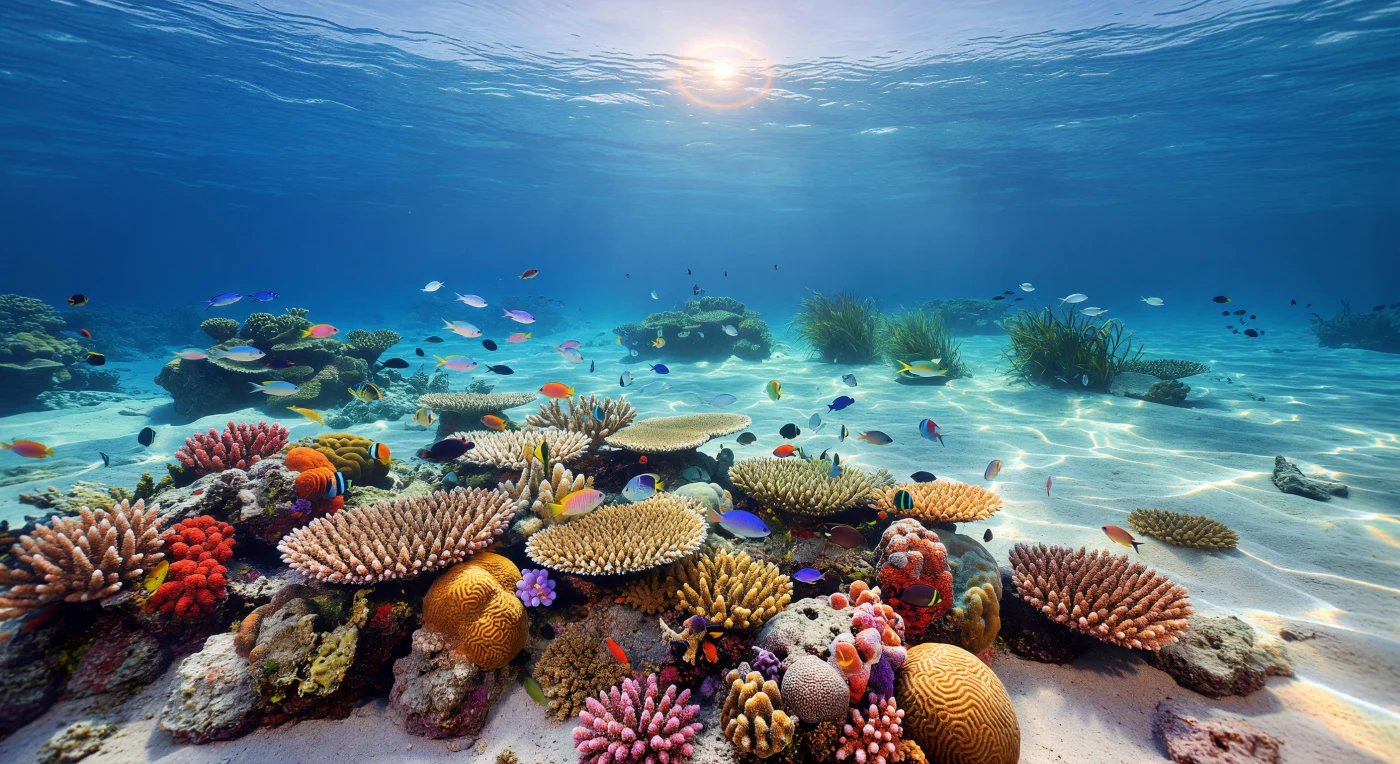 Davanti a te si apre una barriera corallina tropicale poco profonda, un labirinto vivo di coralli ramificati, massicci e cerebriformi che emerge da una sabbia carbonatica chiarissima, punteggiata da ciuffi di fanerogame marine e detriti di scheletro calcareo. A questa profondità, tra 10 e 15 metri, la luce solare penetra ancora con forza: i raggi formano colonne luminose nette e disegnano caustiche tremolanti sul fondale, mentre l’acqua sopra di te appare di un blu intenso perché le lunghezze d’onda rosse vengono assorbite rapidamente lungo la colonna d’acqua. I tessuti dei coralli brillano di rossi, aranci, gialli e viola grazie alle zooxantelle simbionti e a proteine fluorescenti, con le texture dei loro scheletri di carbonato di calcio visibili qua e là, mentre piccoli banchi di pesci argentei e azzurri lampeggiano tra damigelle, anthias e farfalla nascosti nei rami. Nell’eccellente visibilità del reef, il Sole si riduce a un punto rifratto e abbagliante oltre la superficie increspata, e tutto intorno l’immensità azzurra sfuma in una foschia marina che rende questo paesaggio insieme intimo, brulicante di vita e profondamente alieno.