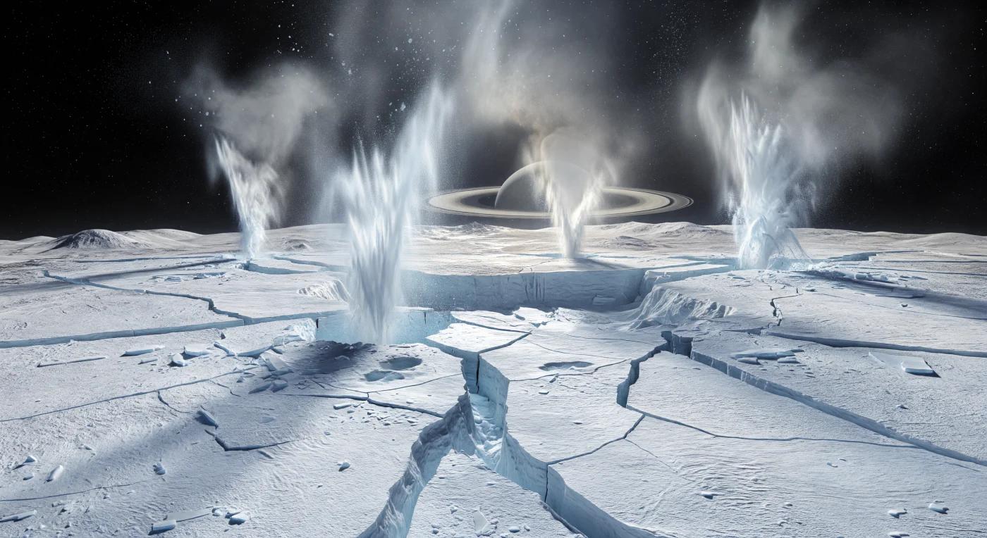 Davanti a te, il terreno polare appare come una distesa abbagliante di ghiaccio d’acqua bluastro e quasi puro, lacerata da lunghe fratture parallele, scarpate affilate, fosse collassate e creste tettoniche che convergono verso un orizzonte sorprendentemente vicino e curvo. Dalle spaccature attive si innalzano getti criovulcanici giganteschi: colonne bianchissime e ventagli di vapore acqueo e granuli di ghiaccio, retroilluminati da un Sole piccolo e basso che li trasforma in veli luminosi, mentre la diffusione in avanti della luce rende il cielo nero localmente perlaceo e ne attenua i contrasti. Ai tuoi piedi, una crosta di ghiaccio sinterizzato, blocchi angolari, lastre spezzate e una polvere fine simile a neve testimoniano la ricaduta continua delle particelle espulse, subito ricongelate nel vuoto, senza traccia di acqua liquida in superficie. Questo paesaggio, scolpito dal riscaldamento mareale e alimentato da un oceano salato nascosto sotto la crosta, unisce il silenzio assoluto del vuoto a un’attività geologica ancora in corso, facendo sembrare ogni crepaccio e ogni pennacchio immensamente più grande nella gravità debolissima.