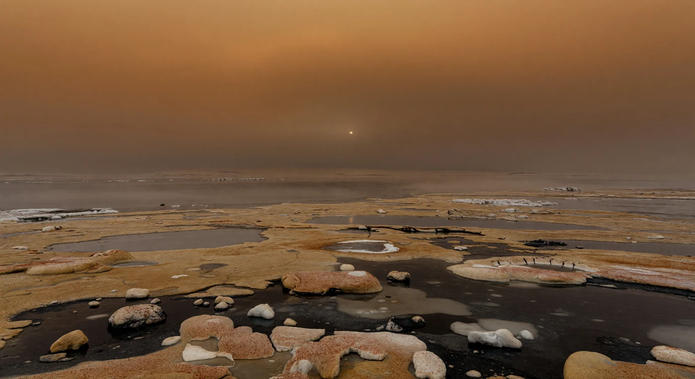Sotto una cappa invernale quasi continua di nubi di metano e foschia fotochimica, il paesaggio polare appare immerso in una penombra bruno-aranciata: una distesa bassissima di ghiaccio d’acqua duro come roccia, sedimenti organici congelati, ciottoli arrotondati e lastre fratturate spolverate di particelle rossastre. Nelle lievi depressioni del terreno si raccolgono laghetti e pozze irregolari di metano ed etano liquidi, scuri come specchi spenti, con rive quasi nere macchiate dagli idrocarburi e sottili veli di nebbia fredda che sfumano ulteriormente un orizzonte già quasi cancellato. Le pianure, segnate appena da fessure poligonali, piccoli rilievi, canali poco incisi e bordi rialzati di antiche cavità collassate o vecchie cicatrici d’impatto smussate dall’erosione e dalla deposizione, raccontano una geologia modellata da liquidi criogenici in un mondo a circa 94 kelvin. La luce, filtrata da una densa atmosfera di azoto e da strati opachi di aerosol, non produce ombre nette né riflessi vivi: tutto è immobile, piatto e silenzioso, come se ci si trovasse sul fondo di un bacino gelido e sterminato dove il giorno stesso fatica a emergere.