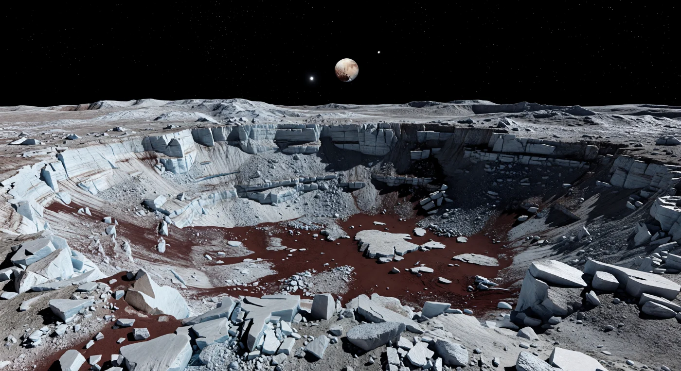Dal bordo di un grande cratere polare, il suolo appare come un caos di blocchi angolari di roccia ghiacciata, pallidi e taglienti, mentre la parete scende a terrazze ripide verso un fondo insolitamente scuro, rivestito da una sottile coltre rossastra di composti organici complessi trasformati dalla radiazione. Le pareti, ricche di ghiaccio d’acqua duro e resistente, conservano fratture nette, scarpate e accumuli di detrito quasi intatti: in questa gravità debole e in assenza totale di aria, erosione e polvere in movimento, ogni rilievo resta inciso con una nitidezza estrema, esaltata da ombre nere e affilate sotto una luce solare lontanissima ma implacabile. Tra chiazze più chiare dove il rivestimento è più sottile, il contrasto tra il bianco-bluastro del ghiaccio e il mattone cupo del materiale organico racconta una superficie modellata da impatti antichi, stress tettonici e dalla lenta lavorazione chimica degli idrocarburi congelati. Oltre il bordo, gli altipiani craterizzati si distendono fino a un orizzonte appena curvo nel nero assoluto del vuoto, mentre il grande disco di Plutone sospeso nel cielo rende la scena ancora più straniante, come se ci si trovasse sul margine gelido di un mondo fossilizzato nel tempo.