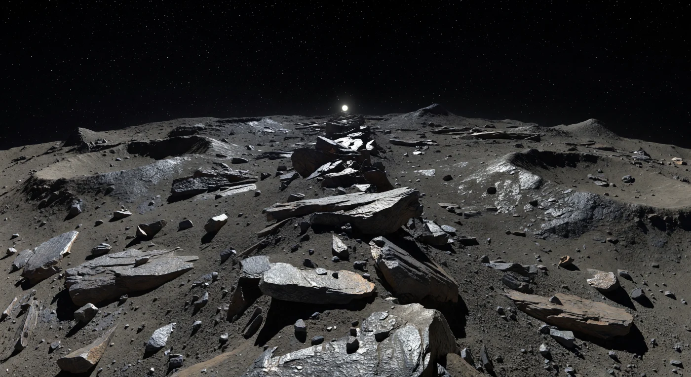 Davanti a te la cresta si restringe a pochi metri, un dorso di lastre spezzate e spuntoni di roccia metallo-silicatica ricca di ferro e nichel, appena velati da una polvere sottile color grigio antracite e da detriti che brillano come limatura sotto una luce fredda. Il Sole, piccolo e bianco, sfiora l’orizzonte nero senza alcun crepuscolo né arrossamento: nel vuoto non c’è aria a diffondere la luce, così ogni bordo di lastra, masso e orlo di cratere proietta ombre lunghissime, nette e assolute sulle pianure vicine. Ai lati della cresta il terreno precipita rapidamente verso un orizzonte insolitamente vicino e fortemente curvo, rivelando la scala di questo piccolo mondo, dove bacini d’impatto poco profondi, rilievi di appena poche decine di metri e blocchi fratturati appaiono ripidi e taglienti perché la gravità è debolissima e l’erosione praticamente assente. Sotto il cielo nerissimo punteggiato di stelle visibili anche di giorno, le superfici alternano riflessi d’acciaio, toni gunmetal e bruni opachi, dando la sensazione di trovarsi sul relitto esposto di un antico interno planetario, duro, silenzioso e totalmente alieno.