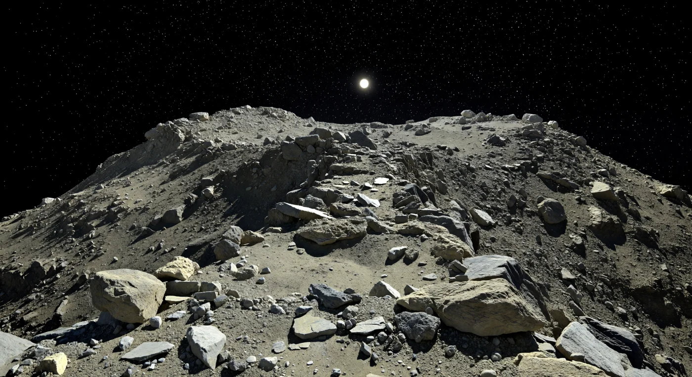 In bilico su una cresta sottile come una lama, tra massi scheggiati, lastre fratturate di roccia condritica e tasche di regolite beige-grigia appena trattenute nelle cavità, si vede il suolo precipitare quasi subito su entrambi i lati, come se l’intero piccolo mondo fosse raccolto in un solo sguardo. La superficie, fatta di materiale silicatico di tipo S alterato dal vento solare e dai micrometeoriti, alterna facce fresche e più chiare a patine più scure di space weathering, mentre piccoli crateri smussati e “mari” di granuli fini accumulati nelle zone depresse raccontano la migrazione della polvere sotto una gravità quasi inesistente. La luce solare, dura e bianca nell’assoluto vuoto, accende gli spigoli con riflessi metallici e lascia ombre nere e taglienti senza alcuna foschia, così che l’orizzonte si incurva a pochi passi e le due lobature del corpo sembrano ricadere in direzioni diverse nel nero cosmico. Davanti a questo paesaggio di blocchi sospesi e pendii instabili, con stelle immobili già visibili in pieno giorno, si avverte quanto questo ammasso di macerie sia fragile, minuscolo eppure vertiginosamente alieno.