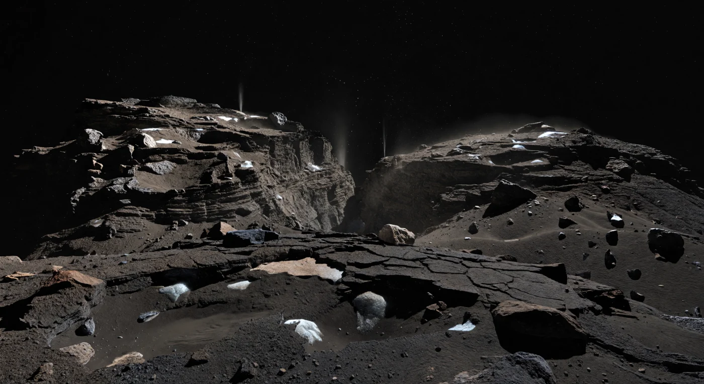 Da questa cresta frastagliata lo sguardo attraversa il collo stretto e abbraccia entrambi i lobi, due masse nerissime e irregolari che riempiono la scena con orizzonti insolitamente vicini e curvi, pareti stratificate, nicchie d’ombra profonde come vuoti e massi sparsi in equilibrio precario sui pendii. Il terreno sotto i piedi appare come una crosta consolidata ricca di composti organici, più scura del carbone, spezzata in lastre fragili, crepe poligonali e ledge polverosi, con rare chiazze di ghiaccio sporco che brillano appena nei recessi in ombra; nelle depressioni si raccolgono laghi di polvere liscia e sottili increspature modellate non dal vento atmosferico, assente, ma dal lento trasporto di grani mosso dai gas di sublimazione. Qui la gravità è così debole e la materia così porosa e friabile che scarpate troppo ripide, crolli, fosse e coltri di detrito sembrano sospesi tra stabilità e cedimento, mentre minuscole particelle restano a fluttuare lentamente sopra la superficie. Nel cielo nero assoluto, tagliato da una luce solare dura che scolpisce ombre affilatissime, pochi getti sottili si levano da fratture illuminate e dal collo come fili di polvere e vapore, ricordando che questo paesaggio oscuro e silenzioso è anche un mondo attivo, in continua erosione.