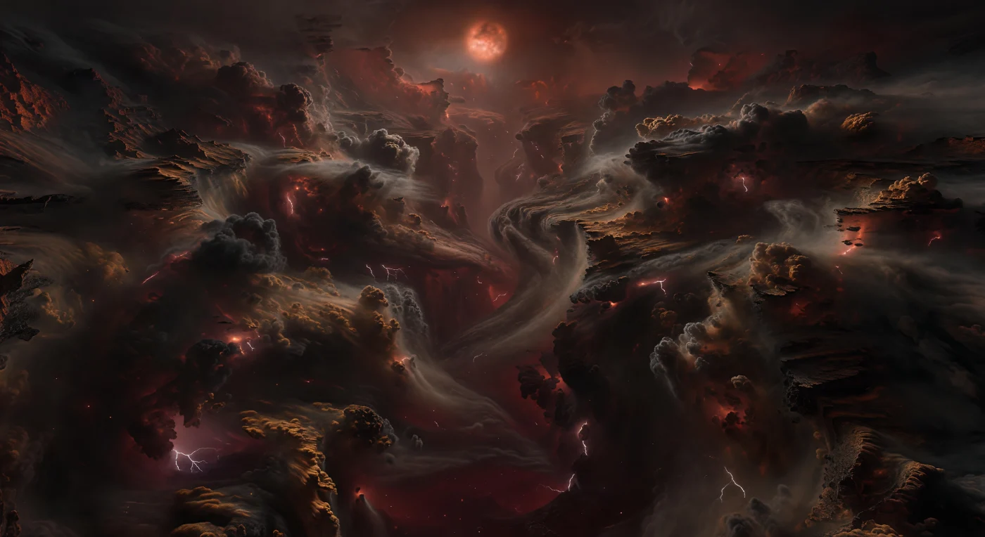 Davanti a te si apre un immenso baratro atmosferico, un canyon di nubi senza roccia né suolo, scavato tra colonne di tempesta che si innalzano come falesie di fumo nero, stratificate in carbone, ruggine, rame e ombra color umbra. Dall’alto filtra appena una luce rosso sangue, diffusa da una stella nana vicinissima ma soffocata da foschie spesse, mentre lampi interni accendono per un istante la profondità, rivelando pieghe bronzee di vapore, vortici grandi come continenti e cortine di aerosol metallici sospesi in un’atmosfera ricca di volatili e ad alta metallicità. Qui il “paesaggio” non è fatto di terra ma di dinamica fluida: pareti di condensati surriscaldati, cavità scolpite dalla convezione e shear violento, banchi di nebbia densa e gocce incandescenti che scompaiono subito nel buio rossastro. L’assenza totale di orizzonte o superficie rende la scena profondamente aliena, come se stessi affacciandoti su un abisso vivo, dove la materia stessa del mondo è nube, pressione e tempesta.