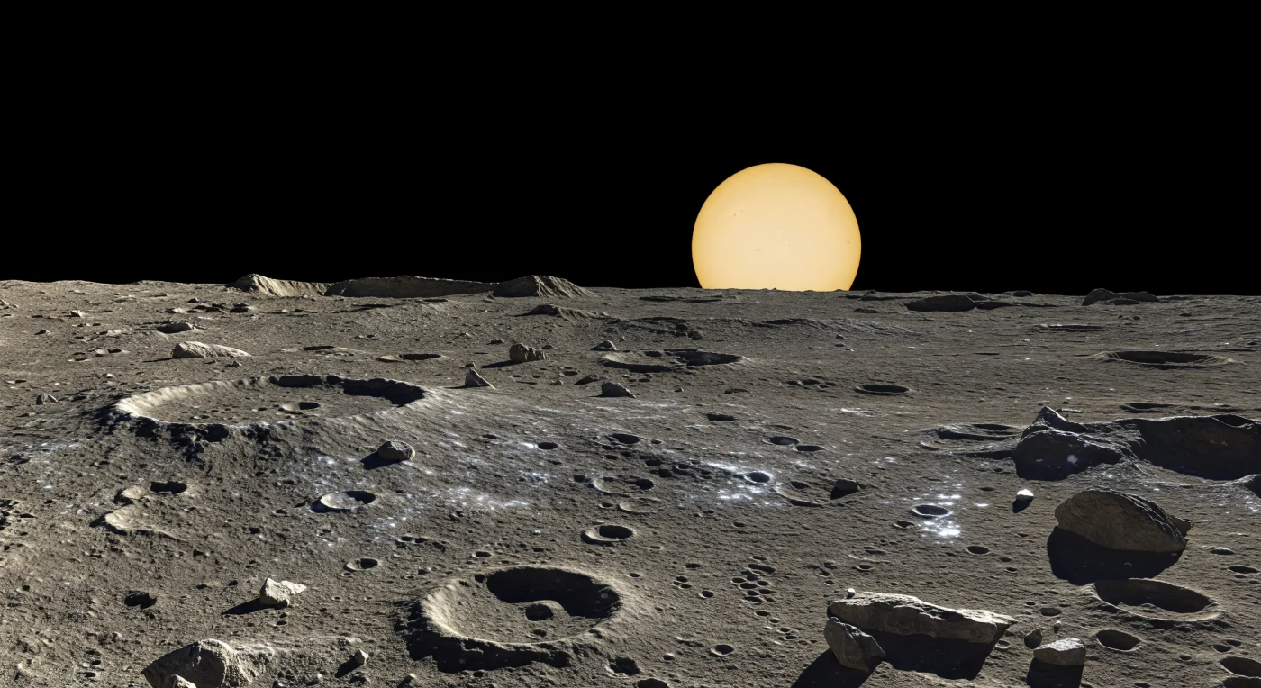 Davanti a te si stende una distesa ondulata di regolite grigia e bruna, incisa da crateri sovrapposti, massi angolosi e lunghe scarpate di faglia che si alzano nette all’orizzonte, mentre pianure vulcaniche più lisce riempiono gli intervalli tra gli antichi impatti. Nel cielo completamente nero, privo di foschia o diffusione della luce per l’assenza quasi totale di atmosfera, il Sole appare enorme e leggermente deformato sul bordo dell’orizzonte: dopo essere tramontato, sembra fermarsi e risalire appena, per poi scendere una seconda volta in un fenomeno raro prodotto dalla particolare risonanza tra rotazione e orbita. La luce, durissima e radente, proietta ombre taglienti e lunghissime su un suolo impoverito in ferro, punteggiato da raggi chiari di ejecta freschi e da superfici cotte da escursioni termiche estreme, da circa 430 °C al giorno fino a gelo profondo nella notte. È un paesaggio immobile e smisurato, dove il tempo sembra rallentare insieme al Sole stesso, e il confine tra giorno e buio assoluto appare come una linea perfetta tracciata sul bordo di un mondo senza aria.