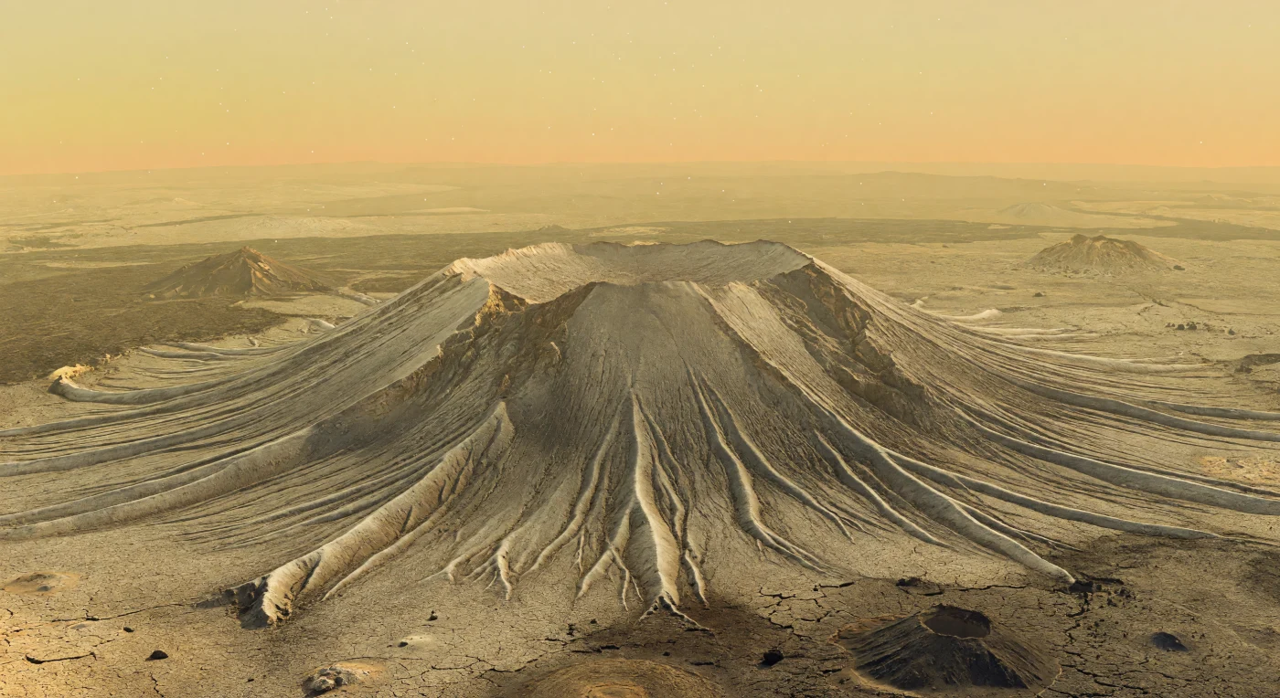 Davanti a te si innalza un grande vulcano a cupola appiattita, con la sommità lievemente concava e una corona di creste lineari che si irradiano dal centro come enormi speroni rocciosi, separati da vallate scure e fratturate. Le sue superfici basaltiche, dal grigio chiaro al grigio più cupo, appaiono trasformate in tonalità beige-ocra dalla luce giallastra diffusa, circa intensa quanto un giorno molto nuvoloso sulla Terra, ma qui priva di sole visibile e quasi senza ombre. I margini lobati e le scarpate arcuate raccontano antichi collassi e colate di lava molto viscosa, modellate sotto una pressione atmosferica schiacciante e a temperature vicine ai 465 °C, condizioni che rendono il terreno stabile, massiccio e quasi immobile. Intorno, pianure di lave antiche e blocchi spezzati svaniscono dopo poche centinaia di metri in una foschia densa color giallo pallido, che cancella l’orizzonte e avvolge tutto in un silenzio opprimente, facendo sembrare questo paesaggio vulcanico non solo remoto, ma profondamente alieno.