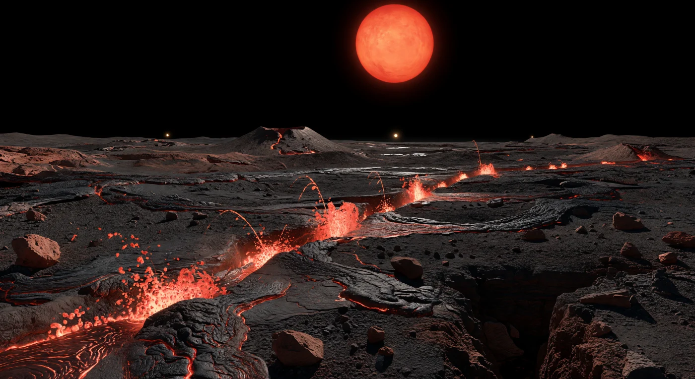 Davanti a te, una lunga fenditura vulcanica taglia in diagonale una pianura di basalto nero come il carbone, dove colate recenti dalla superficie lucida scorrono tra croste fratturate, clinker taglienti e massi angolosi, riflettendo bagliori rame e rosso sotto la luce cremisi della nana rossa che incombe enorme in un cielo assolutamente nero. Dai bordi della spaccatura, bassi getti di lava basaltica eruttano senza pennacchi né fumo: in un mondo quasi privo d’atmosfera, il materiale incandescente segue archi balistici netti e puliti, ricadendo per costruire argini di spatter saldato e strette creste di ejecta fuse. Nei punti più caldi, sottili rivoli arancio-rossi serpeggiano sopra antiche colate cordate e a lastroni, mentre in lontananza emergono bassi rilievi vulcanici, canali di lava collassati e distese rocciose segnate da impatti, nitide fino all’orizzonte perché nulla nell’aria ne attenua i contorni. L’insieme ha la grandiosità silenziosa di un paesaggio primordiale: ombre affilatissime, luce soffusa ma spettralmente rossa, e una geologia dominata da vulcanismo effusivo e riscaldamento estremo su una superficie rocciosa esposta direttamente al vuoto.