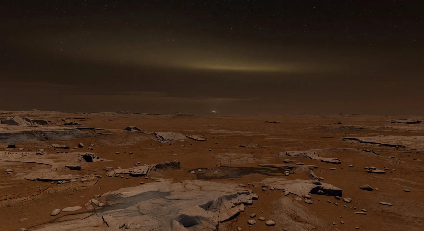 Sotto un cielo color ambra fumosa quasi privo di stelle, l’altopiano ghiacciato si stende nell’oscurità come una distesa di roccia spaccata, anche se qui la “roccia” è ghiaccio d’acqua reso duro e fragile dai circa 94 kelvin. Deboli bagliori diffusi nell’alta atmosfera filtrano attraverso la densa foschia di azoto e gli aerosol organici, lasciando emergere appena lastre fratturate, creste basse, ciottoli arrotondati e piccole pozze di sedimenti scuri di idrocarburi raccolti nelle depressioni. Una tenue velatura luminosa, simile a un airglow aurorale soffocato dalla nebbia, tinge l’orizzonte superiore di bronzo verdastro, mentre il terreno mostra screpolature poligonali da contrazione termica e una sottile polvere organica che smorza ogni riflesso. Davanti a te tutto appare immenso e silenzioso: una lunga dorsale che si perde nella foschia, colline di ghiaccio appena accennate e una pianura vuota che sembra estendersi senza fine sotto una notte densa, fredda e stranamente viva.