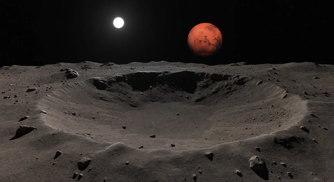 Dal fondo di questo cratere poco profondo si osserva una distesa insolitamente liscia di regolite finissima, accumulata come una polvere scura e opaca tra pendii interni dolcemente franati, dove affiorano solo pochi sassi angolosi e piccole pietre fratturate. La superficie, nei toni del grigio carbone e del bruno cenere, mostra sottili microcrateri, deboli striature di polvere lungo le pendenze e un passaggio delicato tra i sedimenti più compatti del fondo e i detriti leggermente più grossolani sulle pareti: un paesaggio modellato interamente dagli impatti e dal lentissimo scivolamento dei materiali in una gravità estremamente debole. Nel cielo nero del vuoto, privo di qualsiasi foschia o tempo atmosferico, il Sole appare come un disco duro e relativamente piccolo, e la sua luce tagliente proietta ombre lunghe e perfettamente nette che rivelano l’assenza quasi totale di atmosfera. Oltre il bordo attenuato del cratere, l’orizzonte irregolare della piccola luna si incurva appena, mentre il grande disco rossastro del pianeta vicino domina il cielo con calotte chiare e macchie scure, rendendo la scena insieme silenziosa, fredda e straordinariamente aliena.