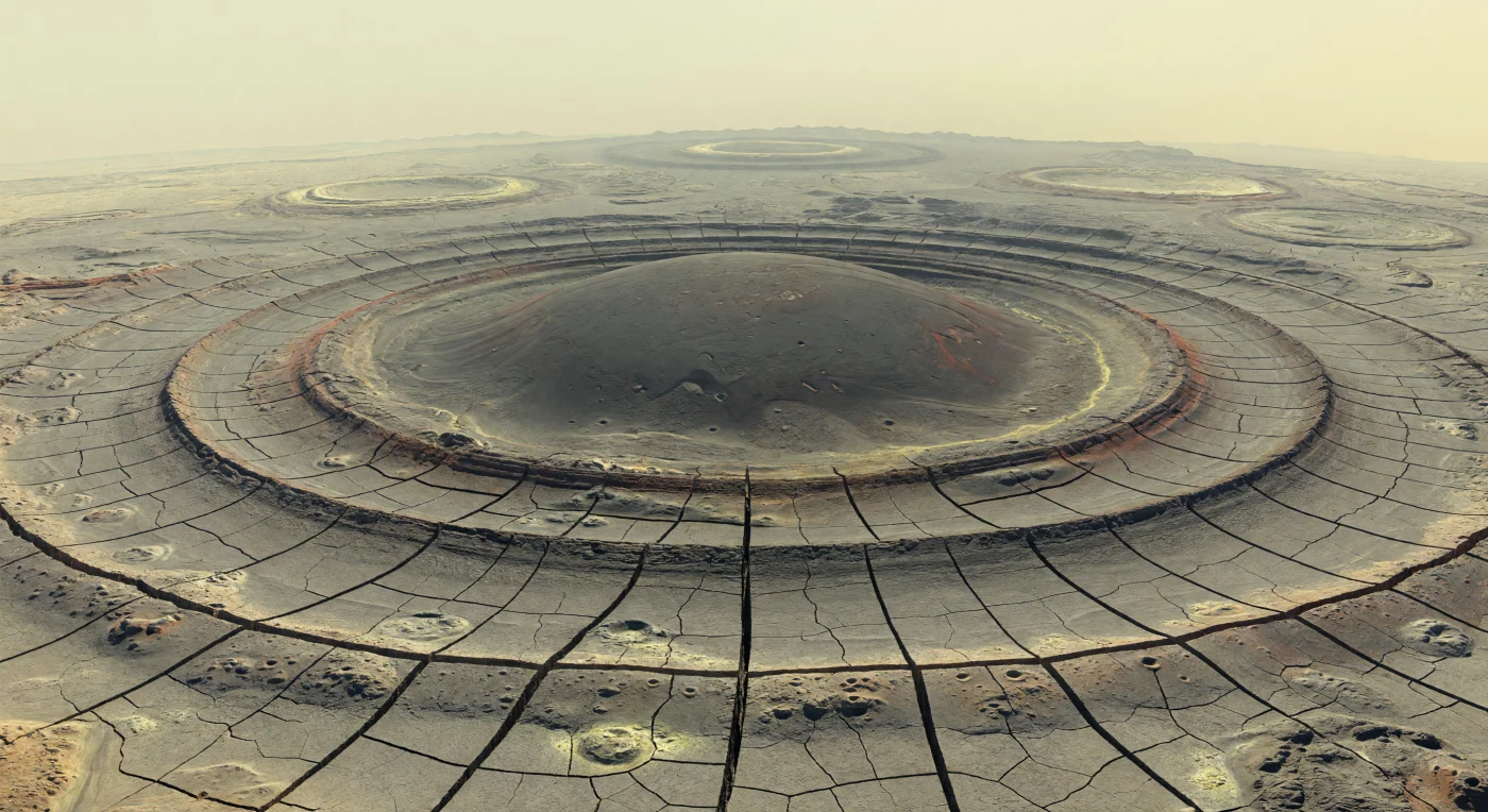Davanti a te si apre un’immensa corona vulcano-tettonica: un vasto rigonfiamento centrale si solleva con pendenze morbide sopra pianure basaltiche scure, mentre anelli di fratture concentriche e spaccature radiali incidono il terreno come una ragnatela di graben che sprofondano per decine di metri. Le zone esterne, lievemente subsidenti rispetto al nucleo rialzato, raccontano il collasso della crosta sopra un antico sollevamento del mantello, un processo che ha deformato colate di basalto poi alterate da reazioni chimiche con l’atmosfera densa, lasciando sottili patine rossastre, solfati e polveri più chiare nei solchi. La luce giallo-grigia, diffusa dalle nubi opache, avvolge tutto in un chiarore senza sole visibile né ombre nette, attenuando i contrasti e facendo svanire i dettagli lontani in una foschia calda e pesante. È un paesaggio di scala quasi inconcepibile — centinaia di chilometri di crosta piegata, fratturata e abbassata — dove il suolo sembra ancora conservare la memoria di un pianeta geologicamente tormentato.
