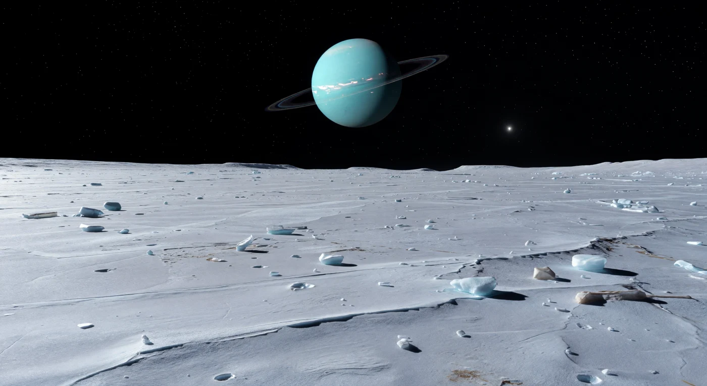 Davanti a te si distende una pianura gelata quasi perfettamente liscia, un’immensa superficie di ghiaccio d’acqua brillante e regolite grigiastra appena incisa da solchi paralleli, piccole scarpate di faglia, crepe poligonali e rari crateri dai bordi netti, scolpiti in una gravità così debole da lasciare ogni rilievo sorprendentemente affilato. Sopra l’orizzonte basso, l’enorme disco acquamarina del pianeta madre domina il cielo nero del vuoto, attraversato da una sottilissima linea grigio pallido: gli anelli visti quasi di taglio, una geometria delicata e precisa sospesa su un mondo senza aria. La luce del Sole, lontanissimo e ridotto a un punto abbagliante, è fioca ma durissima, accende riflessi freddi sul gelo e proietta ombre nere e taglienti sotto ogni blocco di ghiaccio, mentre una lieve luminescenza azzurra riflessa tinge le zone in ombra. Questo paesaggio racconta una crosta antica ma rinnovata in passato da processi tettonici e resurfacing, dove il miscuglio di ghiaccio e roccia conserva, immobile nel vuoto, la memoria di un piccolo mondo attivo un tempo e oggi silenziosamente alieno.
