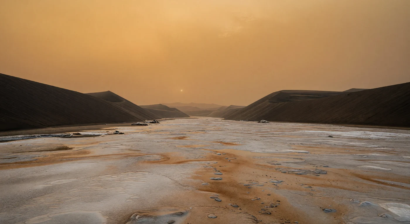 Tra due mura di dune longitudinali altissime, di sabbia idrocarburica quasi nera, si apre un vasto corridoio interdunale chiaro: un pavimento compatto di sedimenti ricchi di ghiaccio d’acqua, grigio-beige sporco, velato da polveri organiche color ruggine e ocra scura, appena increspato dal vento. Qui il ghiaccio, alla temperatura estrema di circa 94 kelvin, si comporta come una roccia, formando piccoli clasti arrotondati e croste sottilmente fessurate, mentre deboli depressioni e minute ondulazioni raccontano un paesaggio modellato da processi eolici e criogenici in un ambiente asciutto, privo di acqua liquida in superficie. Sopra, una densa atmosfera di azoto impregnata di foschia fotochimica tinge tutto di ambra e butterscotch, diffondendo una luce così soffusa che quasi non esistono ombre e facendo svanire l’orizzonte in una lontananza lattiginosa. A livello del suolo, con le dune che si allungano per chilometri in bande parallele e curve e salgono per decine di metri ai lati, la scena ha la grandiosità silenziosa di un deserto familiare nelle forme ma profondamente alieno nei materiali, nella luce e nel freddo.