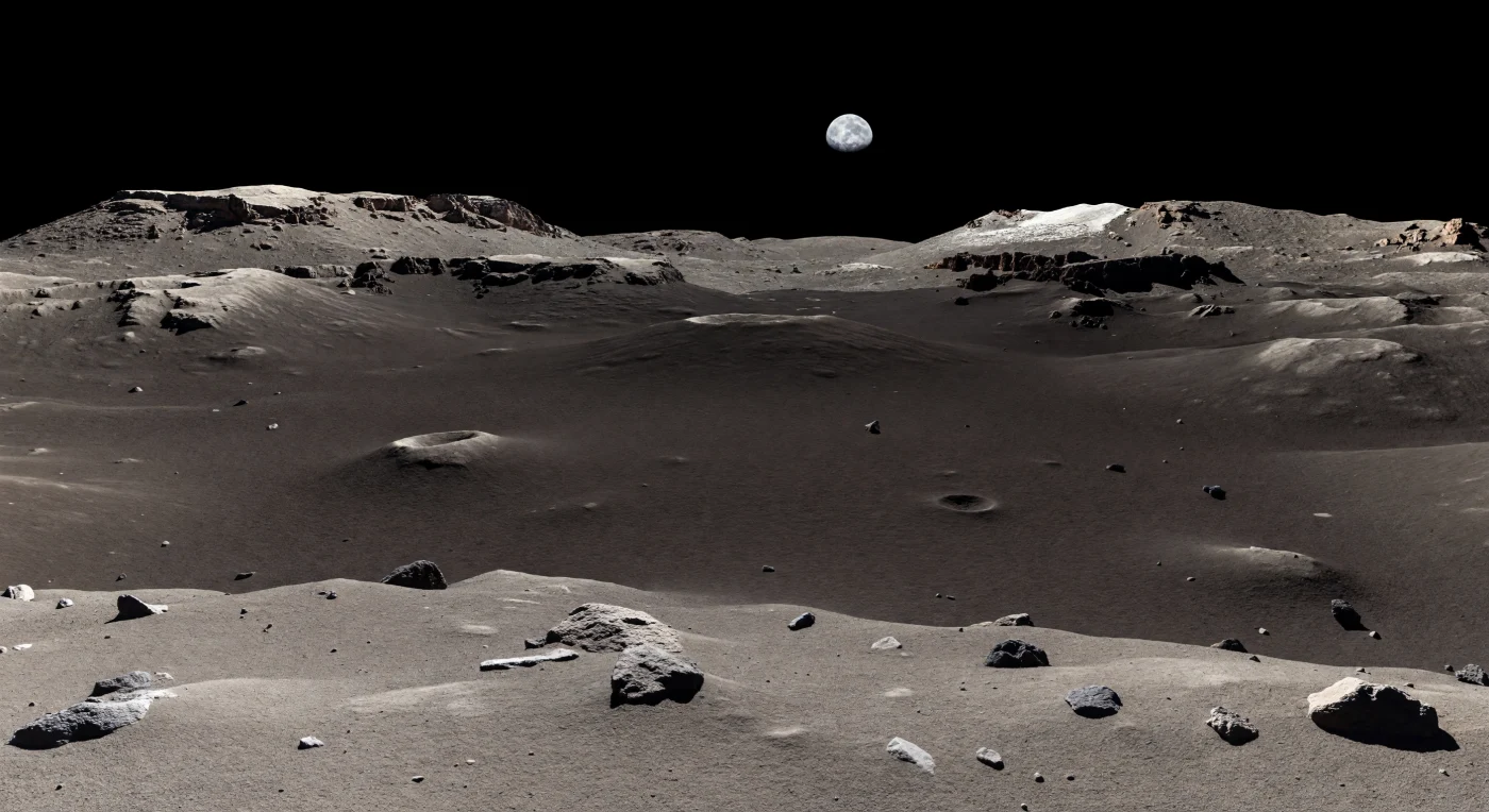 Davanti a te si distende un manto piroclastico insolitamente liscio e vellutato, una vasta coperta di regolite finissima ricca di vetro vulcanico che colora il suolo di bruno-nero e carbone, smorzando le forme del terreno più antico sottostante. Qua e là emergono pochi massi angolosi, alcuni semisepolti, mentre piccoli crateri a scodella perforano il deposito scuro e rivelano materiale più chiaro del sottosuolo, rendendo visibile il contrasto stratigrafico fra antiche alture anortositiche ed episodi di esplosivo vulcanismo lunare. In lontananza, le scarpate fratturate e i bordi aspri dell’altopiano si stagliano con nitidezza assoluta in una luce solare feroce, che senza atmosfera scolpisce ombre nere e taglienti sotto ogni roccia. Nel cielo perfettamente nero, sopra un paesaggio immobile e privo di erosione, si percepiscono insieme la fragilità della polvere asciuttissima e l’immensa scala di un mondo dove impatti e fuoco hanno lasciato un archivio geologico quasi intatto.
