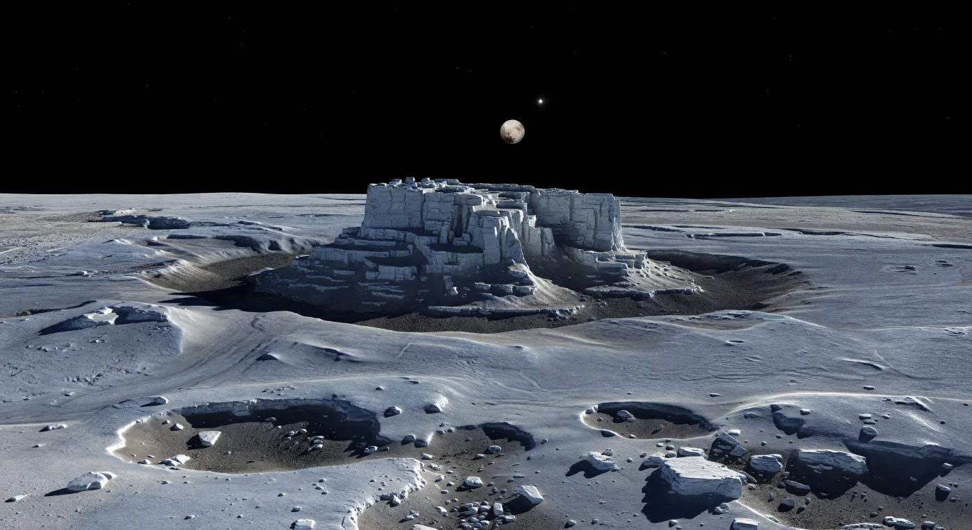Davanti a te si innalza un massiccio isolato di antico bedrock di ghiaccio d’acqua, chiaro e spigoloso, che emerge per chilometri dalla vasta distesa liscia di Vulcan Planitia come un’isola abbandonata in un mare congelato. Le sue pareti ripide, spezzate in falesie, terrazze e enormi lastre fratturate, sono conservate con nitidezza quasi innaturale dalla gravità debolissima e dall’assenza totale di atmosfera, mentre alla base corre un fossato anulare più scuro, colmo di regolite gelata e polvere d’impatto color ardesia. Oltre il solco, le pianure riaffiorate da antichi processi criovulcanici si stendono fino all’orizzonte con superfici debolmente ondulate, margini lobati e sottili fratture poligonali: tutto è solido, una miscela di ghiaccio d’acqua, impurità rocciose e tracce di composti ammoniacali, modellata dal freddo estremo del Sistema Solare esterno. Nel cielo nero del vuoto, sotto una luce solare minuscola e crudele che getta ombre lunghissime e taglienti, il paesaggio appare immobile e monumentale, e il disco lontano di Plutone sospeso sopra l’orizzonte amplifica la sensazione di trovarsi davanti a una geologia aliena, antichissima e silenziosa.