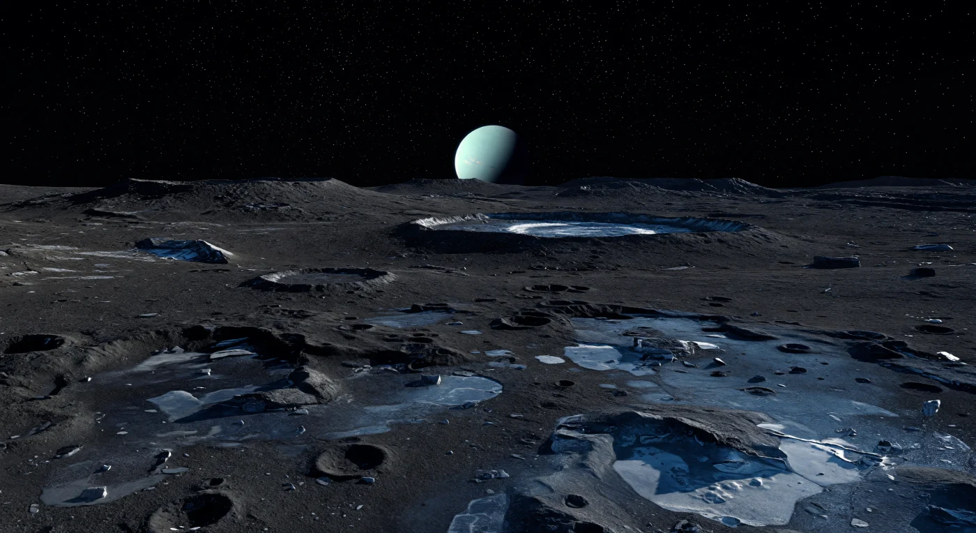 Nel silenzio assoluto della notte, il terreno si distende come una pianura di ghiaccio annerito e roccia gelata, un mosaico di crateri sovrapposti, piccole catene d’impatto, creste di ejecta smussate e blocchi angolari sparsi su una coltre di regolite nera finissima. La debole luce ciano riflessa dal gigante che domina l’orizzonte bagna la scena con un chiarore metallico, facendo emergere qua e là superfici di ghiaccio d’acqua più pulito lungo fratture fresche e, in lontananza, il bordo e il fondo insolitamente più chiari di un grande cratere antico. Questa superficie, composta da ghiaccio d’acqua mescolato a materiali scuri ricchi di carbonio alterati dall’irraggiamento, conserva l’aspetto di un mondo estremamente vecchio e poco rinnovato, dove l’assenza totale di atmosfera rende le ombre nere e taglienti e mantiene le stelle fitte e immobili nel cielo. Con la bassa gravità che addolcisce i rilievi ma lascia correre lo sguardo per immense distanze, il paesaggio appare insieme austero e immenso: quasi monocromatico, congelato nel tempo, illuminato soltanto da un freddo riverbero planetario.