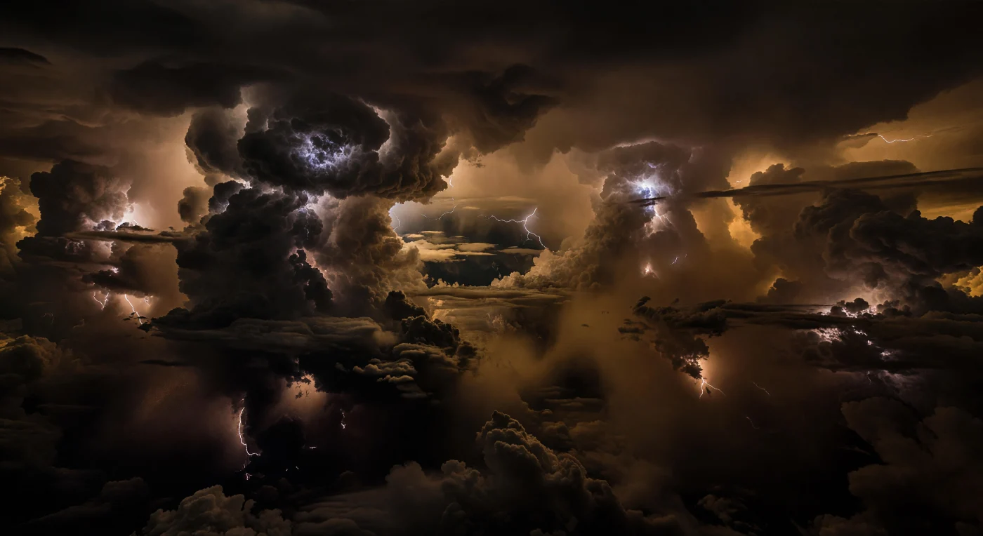 Qui non esiste alcun suolo: si fluttua dentro un abisso atmosferico dove colossali torri temporalesche nero-brune, alte decine di chilometri, si innalzano come pareti vive tra nebbie bronzee e tende di pioggia che scompaiono nell’oscurità. Lampi blu-biancastri esplodono all’interno delle colonne convettive, illuminando per un istante burroni di nube, vortici e terrazze sovrapposte di vapore, prima che tutto ricada in una penombra seppia, densa e soffocante. In questa regione profonda delle nubi d’acqua, sotto strati superiori ricchi di ammoniaca e composti dello zolfo, la pressione cresce rapidamente, la luce del Sole è quasi del tutto estinta e l’atmosfera, composta soprattutto da idrogeno ed elio, diventa un oceano gassoso turbolento e opaco. La scena ha la scala di un continente in tempesta, ma senza terra né orizzonte reale: solo una volta color ambra sporca, elettrica e smisurata, in cui la meteorologia stessa diventa paesaggio.