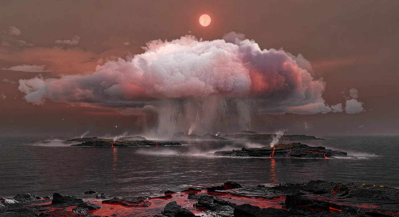 Davanti a te si apre un oceano immenso, scuro come acciaio liquido, increspato dal vento e acceso solo da riflessi cremisi e arancio bruciato che scivolano sulla superficie sotto una luce perennemente rossastra. In primo piano, rocce basaltiche frastagliate, massi lucidi come ossidiana e lastre vulcaniche ancora giovani racchiudono pozze di marea macchiate da minerali ricchi di ferro, mentre in lontananza piccoli isolotti di lava nera emergono appena dal mare, solcati da terrazze fratturate, fumarole e colate ormai raffreddate. Sopra tutto incombe una gigantesca cupola convettiva di nubi, bianca al centro e sfumata di rosa pallido, malva e grigio cremisi ai bordi, da cui scendono tende di pioggia e colonne di vapore che velano l’orizzonte: un possibile effetto di illuminazione continua vicino al punto substellare su un mondo probabilmente in rotazione sincrona, dove l’atmosfera umida redistribuisce il calore sotto la debole ma costante radiazione di una nana rossa. L’aria densa, carica di salsedine, nebbia e pulviscolo vulcanico, ammorbidisce le ombre e rimpicciolisce queste isole battute dalla tempesta, facendoti percepire la scala immensa e straniante di un paesaggio che sembra sospeso in un crepuscolo senza fine.