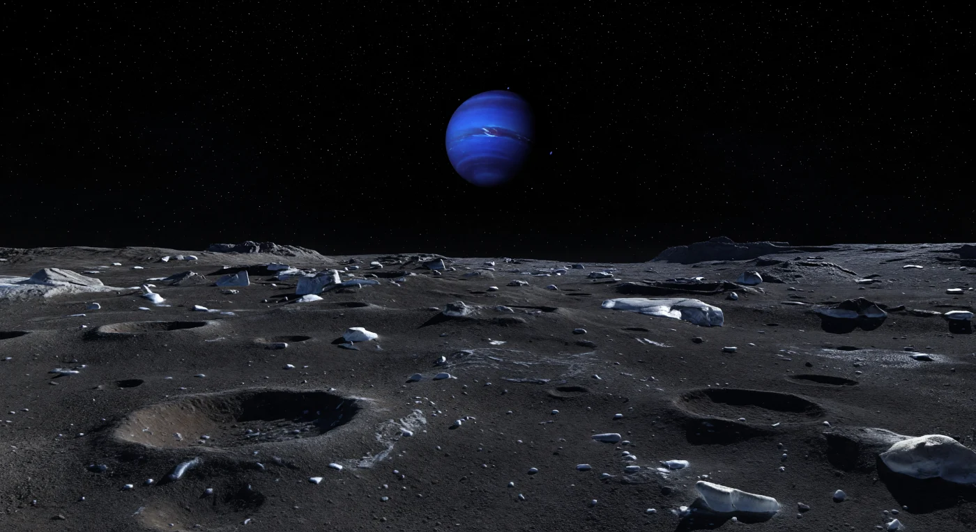 Davanti a te si stende una pianura antica e appena ondulata, punteggiata da crateri bassi e sovrapposti, dove una regolite color antracite — ghiaccio d’acqua sporco rimescolato da impatti con frammenti rocciosi e materiale ricco di carbonio — assorbe quasi tutta la luce. L’unica illuminazione arriva dall’immenso disco azzurro-cobalto del pianeta che domina il cielo nero, rigato da pallide nubi di metano: il suo chiarore freddo stende ombre morbide ma nette nel vuoto, facendo brillare qua e là piccoli affioramenti di ghiaccio più pulito lungo scarpate d’impatto recenti. Tra massi angolosi, ghiaia grossolana e basse creste di ejecta addolcite da eoni di micrometeoriti, l’orizzonte mostra pareti crateriche lontane e rilievi tozzi che tradiscono la forma irregolare di questo piccolo mondo, troppo freddo e troppo piccolo per essersi arrotondato del tutto. Senza aria, senza foschia, senza alcun suono o tempo atmosferico, il paesaggio appare immobile e smisurato, un deserto gelido di ghiaccio e roccia sospeso sotto una luce aliena.