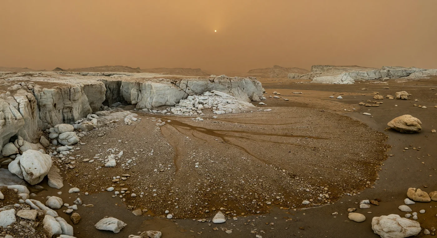Davanti a te, la gola profondamente incisa si apre all’improvviso su una vasta ventaglia di detriti, dove ghiaie di ghiaccio d’acqua, ciottoli e blocchi più grossi si disperdono dal canyon verso la pianura, mescolati a sedimenti compatti bruno-aranciati ricchi di composti organici. Le pareti del canyon mostrano affioramenti chiari di bedrock glaciale fratturato, duro come roccia nelle condizioni gelide locali, mentre sulla superficie del ventaglio si riconosce una selezione naturale dei materiali: i clasti più pesanti restano vicino allo sbocco, e più lontano emergono tracce più scure e levigate di antichi canali distributari scavati non da acqua liquida, ma da deflussi episodici di metano ed etano. La luce ambrata, soffusa dalla spessa atmosfera di azoto e dalla foschia di tholine, appiattisce i contrasti e lascia ombre brevi e sfumate, così che la pianura circostante appare silenziosa, polverosa e quasi senza fine. In lontananza, deboli rilievi erosi e bordi smussati appena visibili attraverso la foschia danno la misura di un paesaggio immenso e stranamente familiare, modellato da processi simili a quelli terrestri ma in un mondo dove il ghiaccio sostituisce la pietra e gli idrocarburi prendono il posto della pioggia.