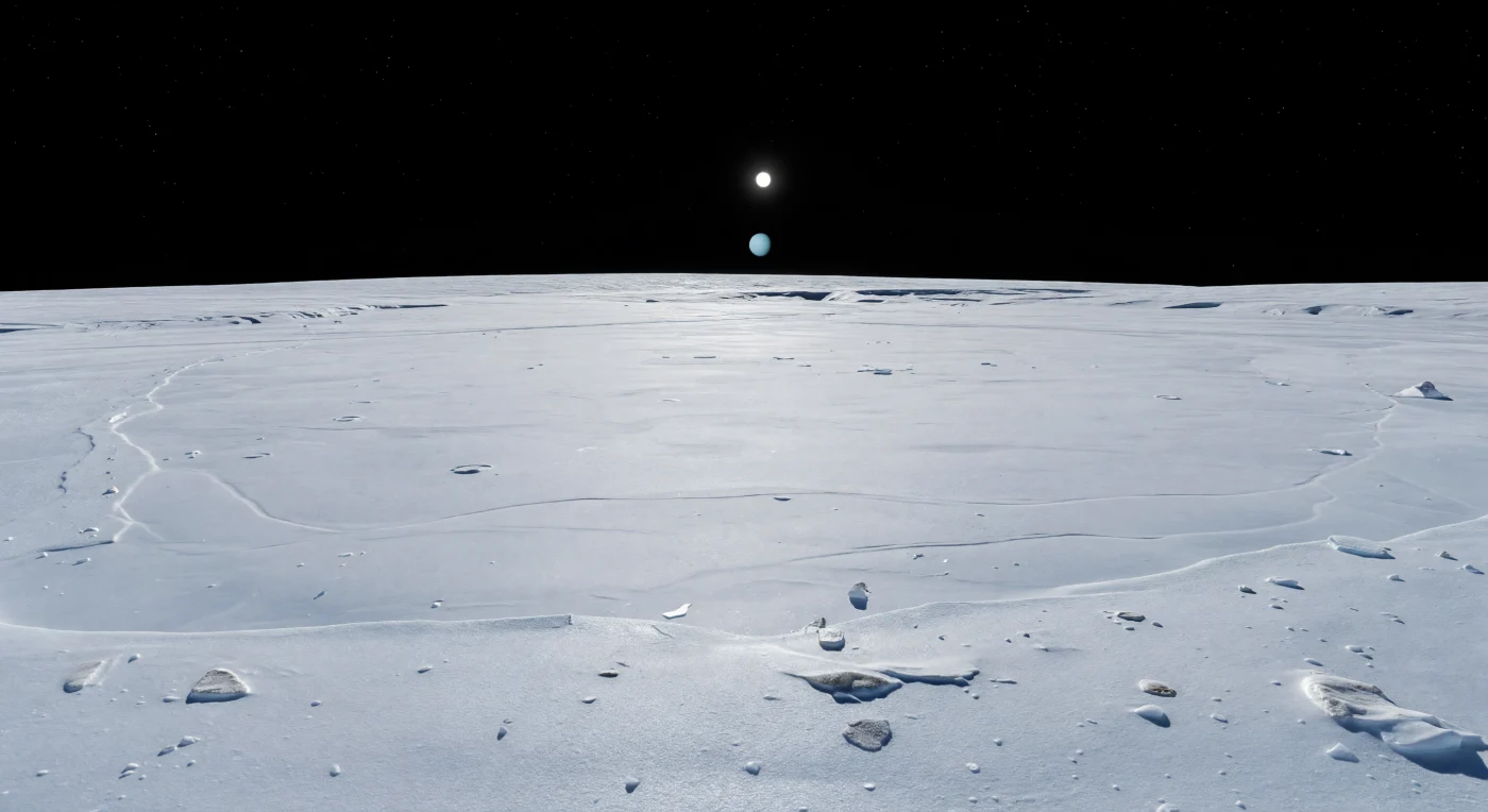 Davanti a te si apre una pianura glaciale immensa e quasi liscia, un bassopiano di ghiaccio d’acqua dai toni bianco azzurrati e grigio neutri che ondeggia appena fino a un orizzonte insolitamente vicino e curvo, rivelando le piccole dimensioni del mondo su cui ti trovi. Il suolo, coperto da brina granulare e da una crosta di ghiaccio sinterizzato, è interrotto solo da rare piccole cavità d’impatto ammorbidite dal resurfacing, sottili lineazioni tettoniche e lievi rigonfiamenti delimitati da antiche fratture, tracce di un passato in cui il calore interno ha riplasmato la superficie. Qua e là, frammenti angolosi di ghiaccio e minute inclusioni più scure di materiale roccioso o alterato dalla radiazione punteggiano l’uniformità luminosa, mentre il Sole, minuscolo e feroce nell’alto cielo nero, proietta ombre nette e riflessi freddi su distese che sembrano estendersi per chilometri senza ostacoli. In assenza totale di atmosfera non esistono foschia, nubi o sfumature a velare la distanza: ogni dettaglio resta tagliente, e il silenzio di questo paesaggio gelato e vuoto ha un’ampiezza quasi irreale.