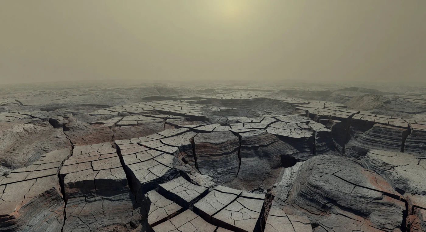 Davanti a te si stende un’immensa pianura basaltica scura, spezzata da una fitta rete di fratture e faglie che si incrociano in motivi poligonali quasi geometrici, come se l’intera crosta si fosse incrinata sotto tensioni immense. Alcune spaccature precipitano per centinaia di metri e mostrano pareti di lava solidificata in strati sfumati dal grigio carbone al grigio più chiaro, mentre crepe più sottili incidono la superficie dei vecchi flussi lavici, modellati sia da raffreddamento termico sia da deformazioni tettoniche compressive ed estensionali. La luce giallo-grigia, filtrata da una coltre atmosferica completamente opaca, annulla quasi tutte le ombre e appiattisce la profondità, avvolgendo il paesaggio in un bagliore uniforme e soffocante che limita lo sguardo a pochi chilometri. In questo silenzio minerale, tra superfici lisce di lava pāhoehoe e campi più ruvidi di ʻaʻā fratturati senza tregua, la scala del terreno rivela un mondo geologicamente vivo, estremo e ostile, dove il suolo stesso racconta la storia di un interno caldo e di una crosta continuamente deformata.