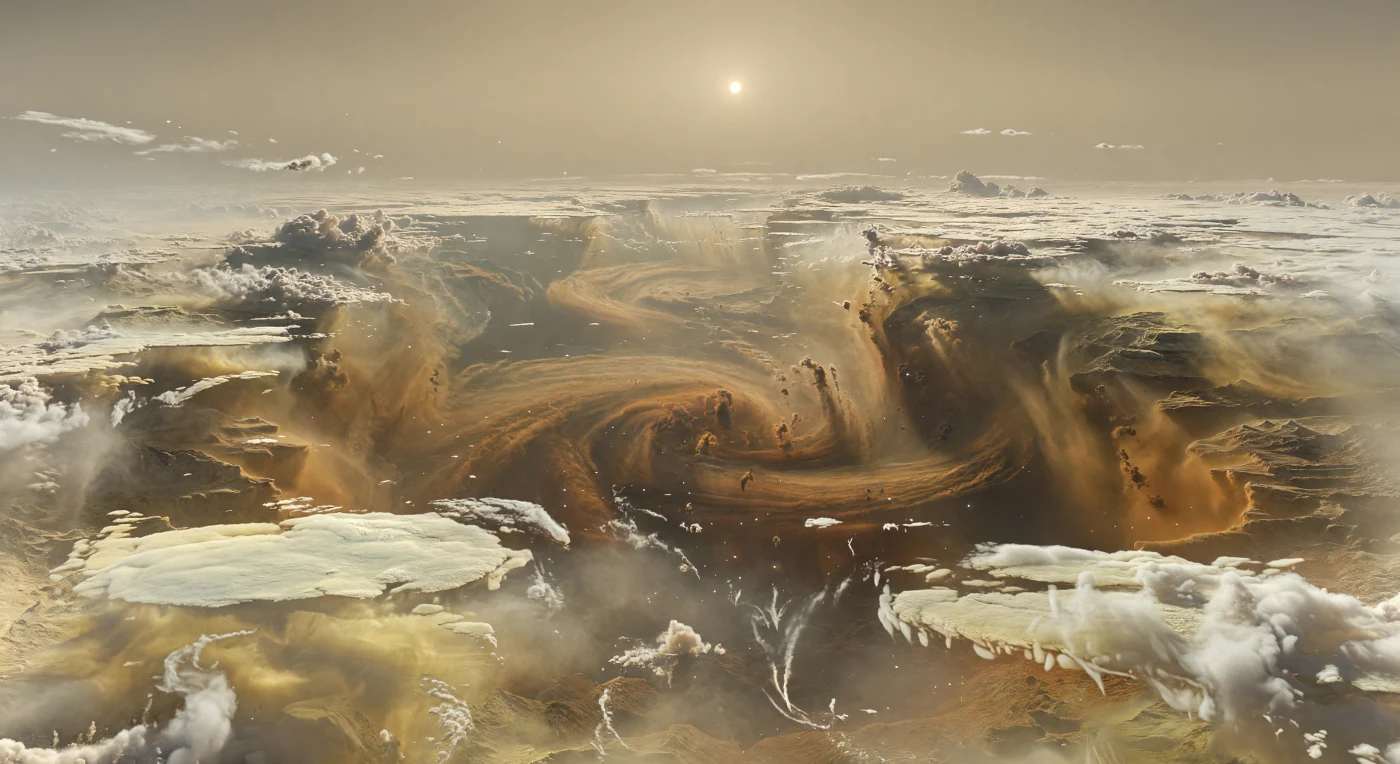 Davanti all’osservatore non c’è terra, ma un’immensa architettura di nubi: mensole di ghiaccio d’ammoniaca color crema e bianco sporco si innalzano come falesie stratificate, con bordi sfrangiati, banchi di foschia e filamenti strappati dal vento, mentre oltre il loro margine si apre una vasta radura scura, un “hot spot” equatoriale che sprofonda per centinaia di chilometri in strati più profondi color ocra, terra d’ombra e bruno rossastro. Questa voragine atmosferica rivela la struttura chimica dell’alta atmosfera, dove sotto le nubi superiori luminose compaiono foschie e nubi di idrosolfuro d’ammonio, e più in basso veli convettivi e aerosol legati a regioni più calde e relativamente asciutte, scolpiti da getti rapidissimi e vortici possenti in un mondo senza superficie solida. La luce del Sole, ridotta a un piccolo disco pallido filtrato dalla foschia beige, cade in toni morbidi e diffusi, lasciando ombre ampie e sfumate che accentuano la profondità del baratro bruno senza mai definire un vero orizzonte. Un minuscolo albero strumentale sospeso o un lontano punto luminoso del veicolo basta a dare la misura: pareti di nubi alte decine di chilometri e un abisso di gas che inghiotte la distanza, in un paesaggio alieno fatto soltanto di dinamica atmosferica, pressione crescente e colore sospeso nella nebbia.