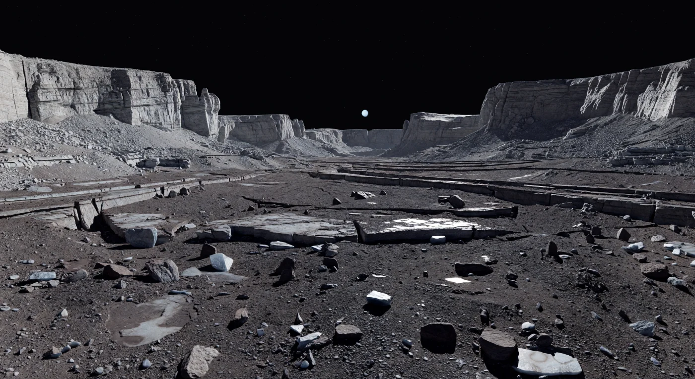 Dal fondo di Mommur Chasma lo sguardo corre lungo un immenso solco tettonico delimitato da scarpate pallide, dove una crosta antichissima di ghiaccio d’acqua mescolato a rocce silicatiche appare scura, craterizzata e spezzata in lastre, massi angolosi e coltri di detrito franoso. La luce radente di un Sole minuscolo e lontano, in un vuoto assoluto privo di foschia o atmosfera, scolpisce ogni frattura con ombre nerissime e taglienti, facendo brillare qua e là schegge di ghiaccio più pulito contro i toni rossastri, ardesia e grigio fuligginoso della superficie alterata dalle radiazioni e dagli impatti. Le pareti della rift valley mostrano piani di faglia lineari, terrazzi collassati, coni di talus e fratture estensionali parallele che suggeriscono un’antica espansione interna e la rottura della crosta ghiacciata. In questa gravità debolissima, tra il silenzio del vuoto e l’orizzonte gremito di scarpate e bordi di crateri, il paesaggio sembra smisurato e immobile, come se si stesse camminando dentro una ferita congelata aperta nei primi tempi del Sistema Solare.