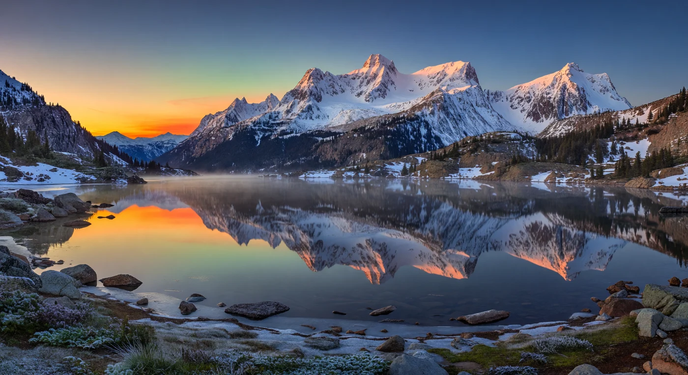 Davanti alla riva rocciosa di un lago alpino d’alta quota, l’acqua immobile si comporta come uno specchio quasi perfetto, duplicando con precisione una muraglia di cime innevate che superano i 4.000 metri, mentre solo le creste più alte ricevono la prima luce dorata del Sole basso all’orizzonte orientale. Le pareti di granito e rocce metamorfiche, modellate dal gelo e dall’erosione glaciale in circhi, canaloni nivali, morene e falde detritiche, emergono sopra pendii scuri di conifere e valli ancora sommerse in ombre blu-violacee, in un’aria così tersa da rendere percepibile l’enorme scala del paesaggio. Sopra il lago, sottili veli di nebbia si sollevano perché l’acqua relativamente più mite incontra l’aria gelida dell’alba, mentre lungo la sponda erbe brinate, piccoli arbusti e lamine di ghiaccio sottile confermano temperature prossime o inferiori allo zero. Il cielo, limpido e privo di stelle ormai cancellate dalla diffusione della luce nell’atmosfera ricca di azoto e ossigeno, sfuma dall’arancio-rosso e dall’oro vicino all’orizzonte al giallo, al ciano e infine al blu profondo sopra la testa, avvolgendo la scena in una quiete immensa e intensamente terrestre.