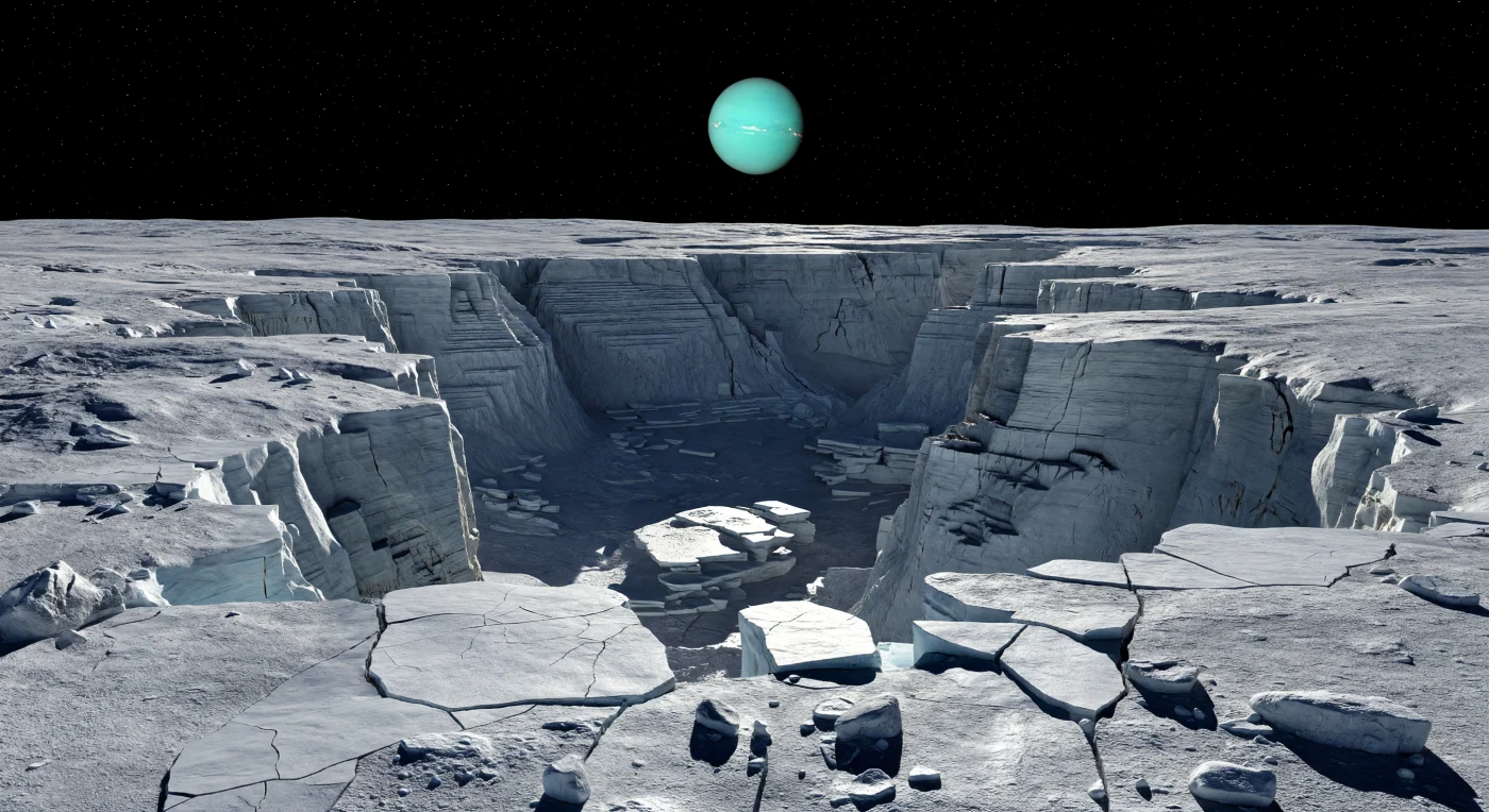 Dal bordo luminoso di un immenso baratro tettonico, il suolo di ghiaccio d’acqua appare spezzato in lastre taglienti, crepe poligonali e massi angolosi velati di brina, con sottili venature più scure di materiale roccioso e carbonioso annidate nelle fessure. Il terreno precipita bruscamente in una fossa di faglia profonda diversi chilometri, dove scarpate a gradoni, fratture parallele e terrazzi collassati raccontano un passato di intensa distensione crostale, forse accompagnata da risalita di ghiacci più morbidi o antiche colate criovulcaniche che hanno localmente levigato il paesaggio. Nell’aria assente del vuoto, sotto una luce solare piccola ma feroce, le superfici illuminate brillano di bianco e azzurro freddo mentre le ombre sprofondano in un blu-nero assoluto, e sopra l’abisso domina quasi immobile un enorme disco ciano-verde, tanto vasto da far sembrare il cielo stesso più vicino. È una scena di gelo minerale e silenzio totale, dove la scala delle rupi e delle pianure fratturate che si perdono all’orizzonte rivela un mondo giovane, luminoso e profondamente modellato dalla tettonica del ghiaccio.