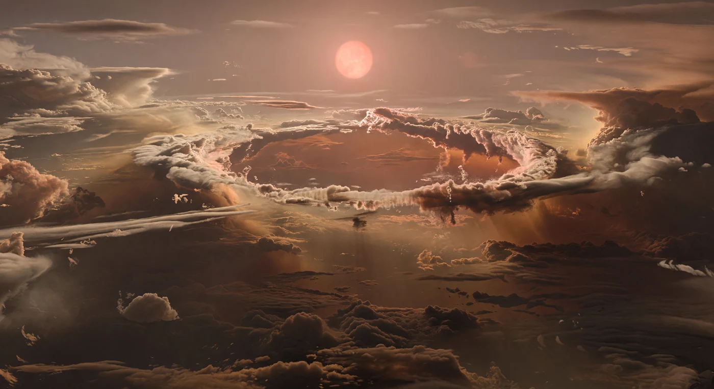 Davanti a te si apre una lacerazione quasi perfettamente circolare nell’immenso oceano di nubi, un bordo di crema, rame e rosa acceso che incornicia una discesa vertiginosa in strati sempre più scuri di foschia bronzea e bruna, senza alcuna traccia di suolo. Intorno, pareti di vapore torreggianti, banchi convettivi rigonfi e filamenti di condensa che si ripiegano verso il vuoto rivelano un’atmosfera spessa, ricca di acqua e di elementi pesanti, dove le nubi non galleggiano sopra un paesaggio: sono il paesaggio. La grande stella madre, enorme e arrossata dietro la foschia luminosa, diffonde una luce calda e smorzata che colora tutto di ambra, ocra e ombra d’umber, mentre sottili raggi si perdono rapidamente nelle profondità ad alta pressione. È una scena di scala quasi continentale, il fugace squarcio in un mantello globale che lascia intuire non una superficie abitabile, ma un abisso atmosferico che scende verso fluidi supercritici nascosti molto più in basso.