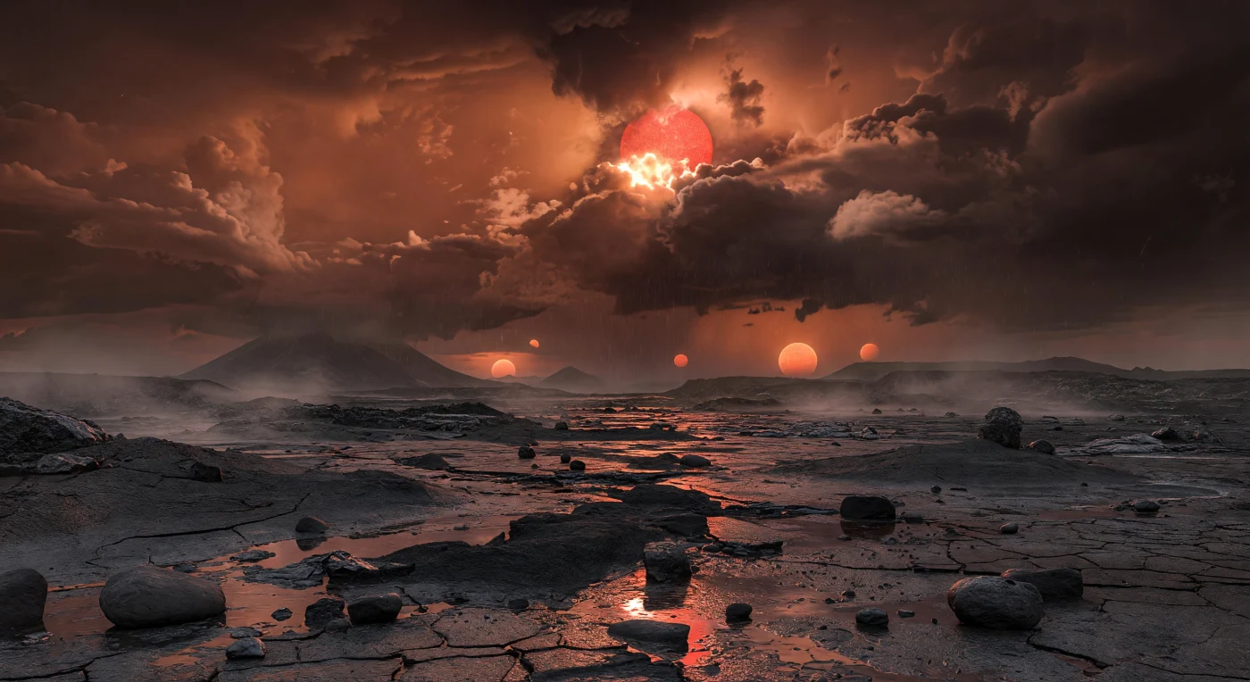 Davanti a te si stende un’immensa pianura basaltica vicino al punto sempre rivolto alla stella, una distesa di roccia vulcanica giovane e scura, lucida di pioggia, spezzata in crepe poligonali di raffreddamento e punteggiata da massi neri arrotondati, bassi rigonfiamenti lavici e affioramenti vetrosi pieni di cavità. Sopra l’orizzonte perduto nella foschia, una coltre di nubi convettive quasi permanente si accende all’improvviso per un brillamento stellare: la luce rossastra dell’ultra-fredda nana rossa, già fissa nel cielo di questo mondo probabilmente in rotazione sincrona, diventa un bagliore cremisi-arancio più intenso che si riflette nelle pozzanghere come rame fuso, mentre lontane cortine di pioggia calano dal centro della tempesta. L’atmosfera, abbastanza densa da sostenere nubi, nebbie basse e ruscellamenti superficiali ma non così spessa da cancellare il paesaggio, diffonde ombre morbide e tinge il cielo di ruggine, brace e marrone fumoso invece che d’azzurro. Attraverso aperture più sottili tra le nubi si intravedono altri pianeti del sistema come dischi insolitamente grandi e luminosi, un richiamo vertiginoso al fatto che qui il vulcanismo, l’acqua liquida e il clima dipendono da un equilibrio delicato sotto una stella piccola, attiva e imprevedibile.