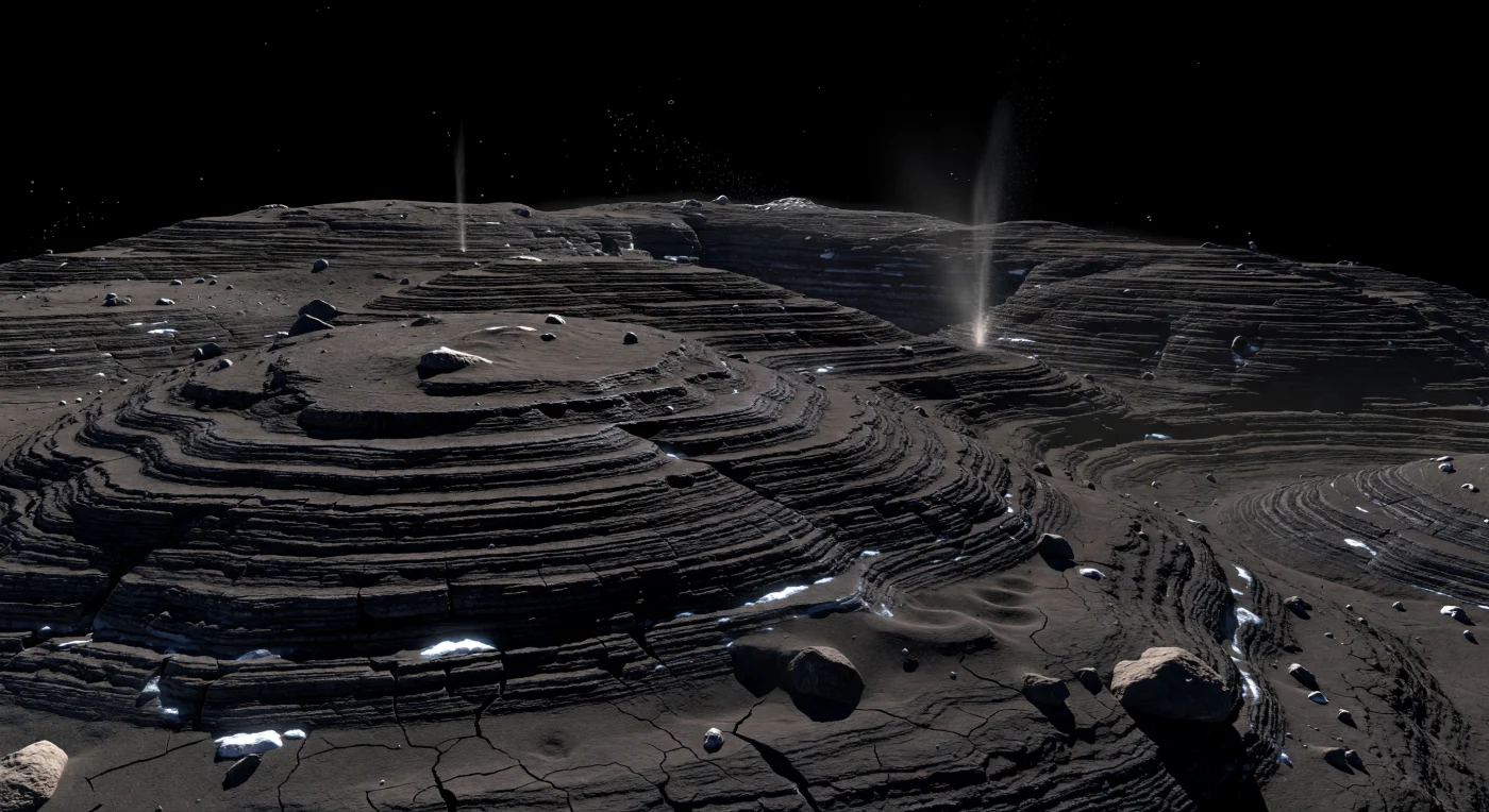 Broad terraces of almost light-swallowing material sweep across the ground in curved, onion-like layers, their sharp risers and brittle fractures thrown into dramatic relief by low, hard sunlight under a perfectly black sky. The surface is a fragile crust of organic-rich dust mixed with dirty ice, so dark that small patches of exposed frost in shaded seams gleam startlingly white, while angular boulders, collapsed ledges, shallow pits, and pockets of smooth dust hint at continual erosion and collapse in an extremely porous nucleus. The horizon sits unnervingly close and subtly curved, a reminder that this entire landscape belongs to a body only a few kilometers across, where gravity is so weak that grains and tiny pebbles can drift in slow ballistic arcs above the terraces. In the distance, layered cliff walls and faint wisps of gas rising from sunlit fractures reveal an active frozen world, where sunlight quietly turns buried ice to vapor and reshapes the land grain by grain.