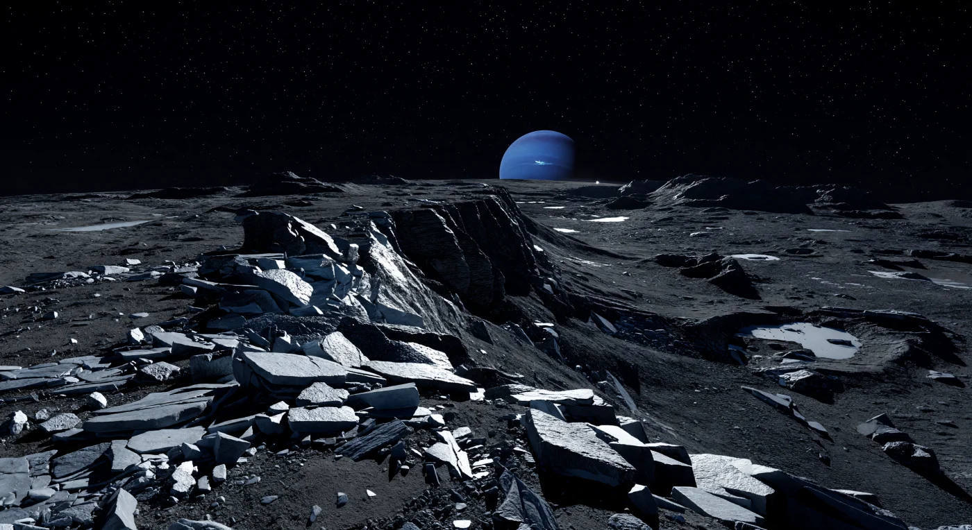 At the brink of a fractured escarpment, the ground is a chaos of angular slate-gray ice-rock plates, charcoal-dark rubble, and frost-touched talus, all split so sharply that each fragment flashes silver on the Sunward side and disappears into absolute black on the other. The tiny Sun, only just lifting above the strongly curved horizon, reveals how small this world is: crater rims, ejecta hummocks, and jagged uplands recede quickly toward the limb, their silhouettes stark against a star-filled sky where an enormous blue planet hangs low, immense yet eerily subdued. This ancient crust is a frozen mixture of water ice, darker silicate material, and carbon-rich regolith, its battered surface preserving countless impact scars because there is no atmosphere, no liquid erosion, and almost no gravity to soften or round the debris. Standing here would feel like standing on a primordial shard of the outer Solar System, in a landscape of brutal contrasts—silent, airless, and lit by a cold sunrise that cuts the terrain into black void and gleaming ice.