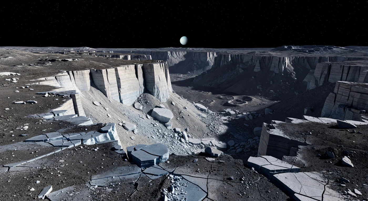At the rim of Messina Chasma, the ground underfoot is a brittle pavement of dark gray, charcoal-streaked ice-rich regolith, split into angular plates and littered with frost-dusted rubble and shattered blocks, before it breaks suddenly along sharp fault cracks into a series of terraces and a towering pale scarp of cleaner water-ice bedrock. The cliff plunges into a canyon several kilometers wide, its floor drowned in black shadow except for faint glimpses of collapsed hummocks, scattered impact scars, and tiny-looking boulder fields that emphasize the immense scale of the trench and the unusually crisp, steep relief made possible by low gravity and an airless vacuum. This landscape records a world that once stretched and fractured, opening vast extensional chasms through an ancient crust of mixed water ice and darker rocky, carbon-rich material, later modified by impacts and slow mass wasting down the canyon walls. Above it all hangs a perfectly black sky, where a tiny hard-edged Sun casts cold, razor-sharp shadows, and near the horizon a huge pale cyan disk looms almost motionless—an immense reminder that this frozen canyon lies in the grip of a distant giant planet.