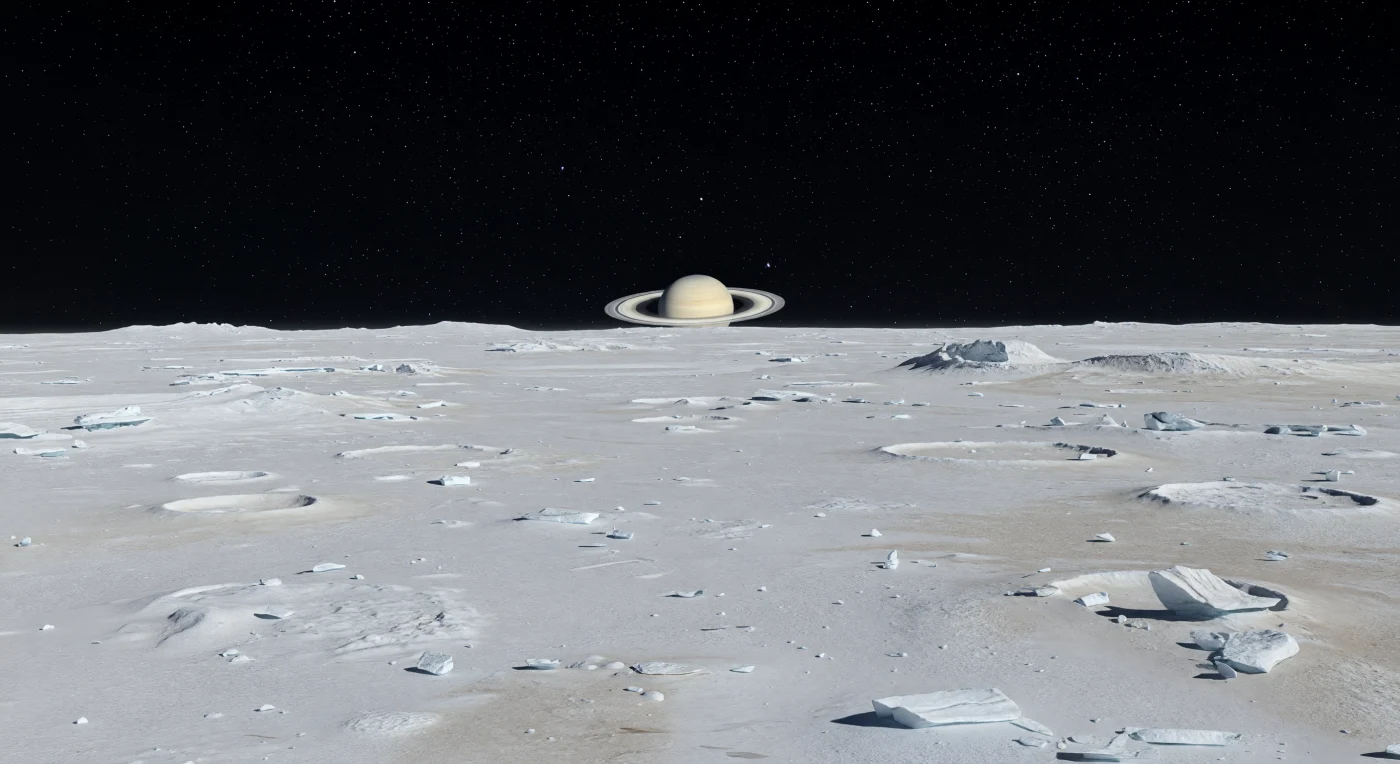 Under a pure vacuum-black sky, a broad plain of bright water ice stretches away in silver-gray silence, its granular frost, scattered angular blocks, low hummocks, and shallow craterlets picked out by the dim reflected glow of Saturn and its rings hanging near the horizon. The light is weak but exquisitely crisp: in the absence of any atmosphere, even these faint shadows remain sharp-edged, while smoother patches of icy regolith catch a delicate ringlight sheen and distant ancient craters appear softened by eons of sublimation and slow ice migration. This terrain is geologically quiet and brutally cold, built mostly of clean water ice with only sparse dark meteoritic specks and fractured icy outcrops interrupting the pale surface. With the horizon held low by the moon’s small size, the plain feels both intimate in its tiny foreground fragments and immense in its far-off crater floors, as if you are standing in a frozen, airless desert lit only by a giant world’s ghostly shine.