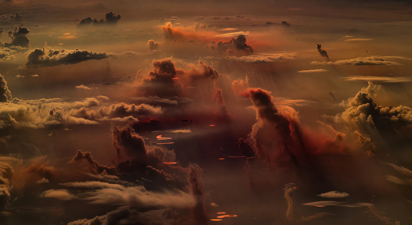 Hier zweef je midden in een eindeloze, gelaagde atmosfeer waarin dichte sepia- en bronskleurige nevelbanken als kolossale muren voorbijdrijven, terwijl onder je donkere dampkloven verdwijnen in dieper gelegen, zwaarder samengeperste luchtlagen. Diffuus rood-oranje licht van een koele dwergster sijpelt van boven door de waterstofrijke waas, verstrooid door methaan, kooldioxide en fotochemische aerosolen, zodat alles gloeit in amber, roest en dof koper zonder scherpe schaduwen of zicht op een vaste ondergrond. De reusachtige schaal wordt voelbaar in kilometershoge wolkensteunen, golvende condensaatsluiers en glanzende mistvellen die even oplichten voordat ze weer oplossen in het optisch zware halfduister. Dit is geen wereld van bergen of oceanen aan de horizon, maar een vochtige, onder hoge druk staande luchtoceaan waarin de bewoonbare zone zich niet vertaalt naar aardse landschappen, maar naar een immense, vreemde diepte van wolken, chemie en verborgen lagen ver beneden.