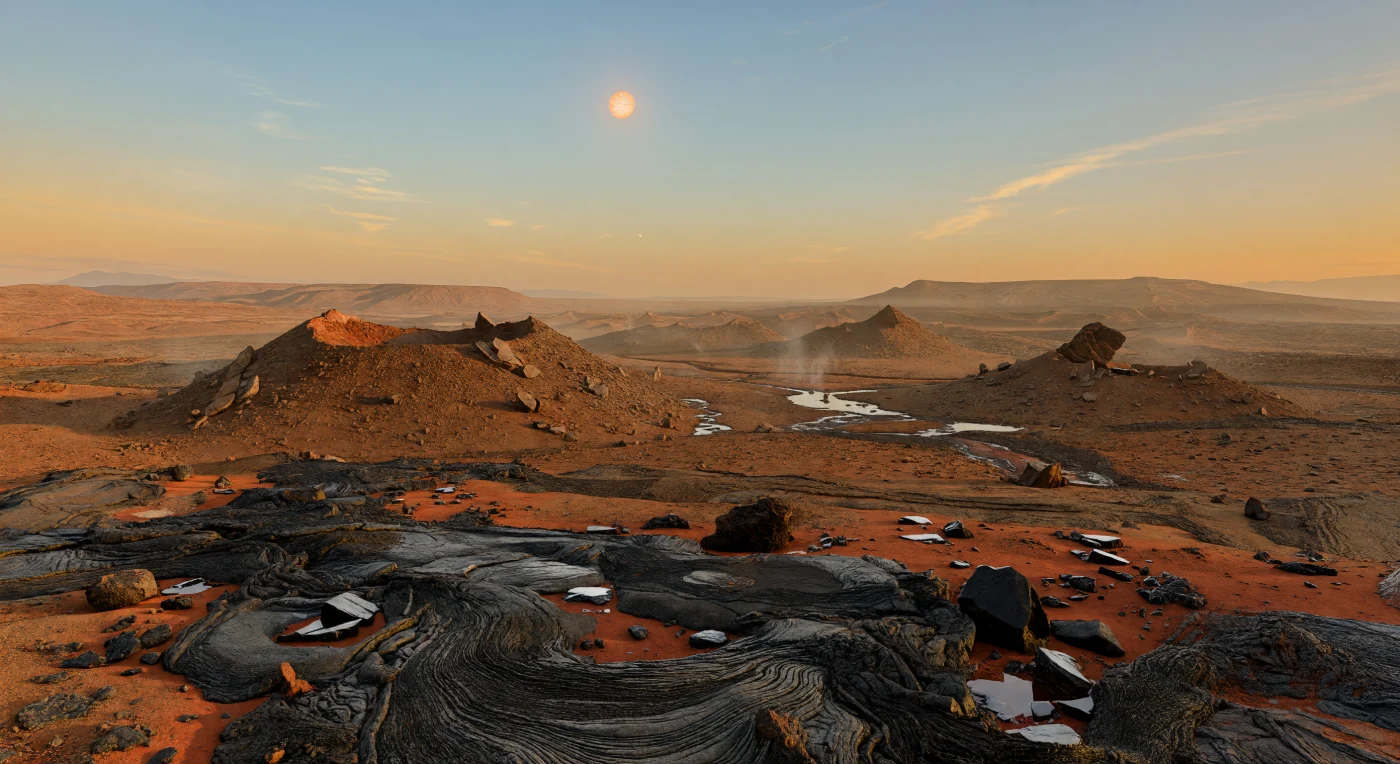 Voor je strekt zich een eindeloze vlakte van zwart tot houtskoolgrijs basalt uit, waar touwachtige pahoehoe-lava, opgebolde drukruggen, ingestorte lavatenen en glazige, obsidiaanachtige brokken scherp afsteken tegen plukjes roestrood vulkanisch stof in ondiepe kuilen. Verderop rijzen lage sintelkegels en spatraampjes op in roodbruine scoria, terwijl smalle fumarolen doorschijnende pluimen uitblazen die in de dichtere lucht laag over de grond wegdrijven en goudachtig oplichten in het warme licht van een iets kleinere oranjewitte ster dan onze zon. Dit landschap wijst op een droge, vulkanisch actieve superaard met ijzerrijke basaltkorsten, gestolde lavakanalen en door oxidatie verkleurde as, gevormd onder een zwaartekracht die waarschijnlijk wat sterker is dan op aarde en die de uitgestrektheid van de lage schildachtige hooglanden aan de horizon nog monumentaler laat aanvoelen. Boven alles hangt een bleek cyaanblauwe hemel die naar de einder toe overgaat in amberkleurige nevel, waarschijnlijk versterkt door atmosferische verstrooiing en fijne vulkanische aerosolen, waardoor de verre lavavlakten zachter vervagen en de hele scène tegelijk vertrouwd en volkomen buitenaards aanvoelt.