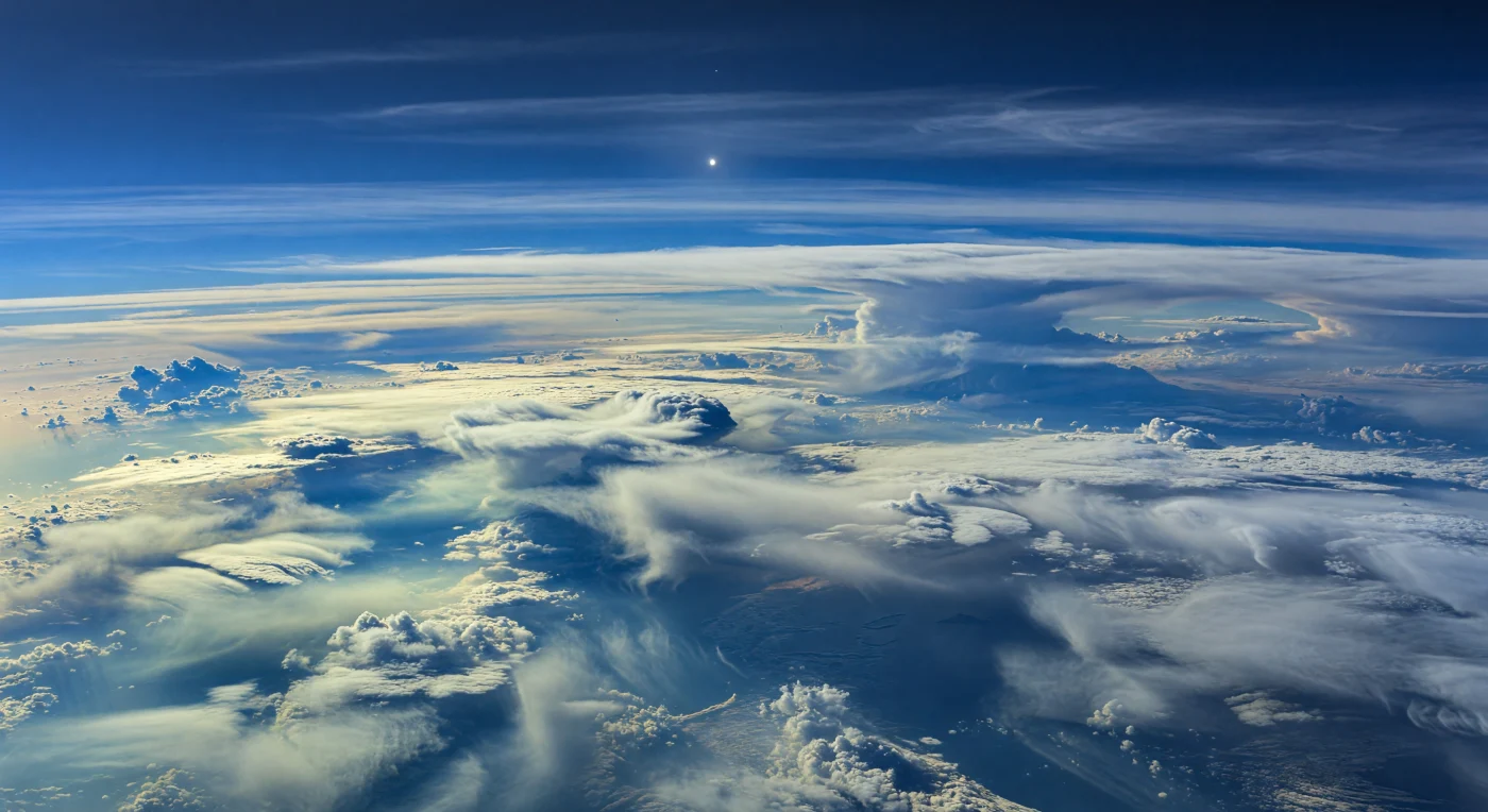 Hier zweef je niet boven een oppervlak, maar midden in een reusachtig landschap van wolken: brede roomwitte en bleek-cyaan bandvlaktes van methaanijs en ammoniumhydrosulfide strekken zich tot aan de gekromde horizon uit, onderbroken door donkere kobaltblauwe troggen waar de atmosfeer helderder is en methaan sterker licht absorbeert. In deze equatoriale zone is de methaanconcentratie vele malen hoger dan dichter bij de polen, waardoor heldere banden ontstaan met fijne cirrussluiers, ijskristalneerslag en blauwige nevel, terwijl convectieve wolkentorens en afgeplatte stormtoppen als zwevende bergketens oprijzen uit de omringende damp. De uitgerekte slierten, geschulpte golfpatronen en scherpe vortexranden verraden extreme windschering en snelheden van meer dan tweeduizend kilometer per uur, zodat de atmosfeer zelf aanvoelt als een rusteloos, supersonisch terrein. Boven alles hangt een diepe azuur- tot kobaltblauwe hemel, verlicht door slechts een piepkleine, koude zon die door de dikke waas heen nauwelijks meer geeft dan een zwakke schemerglans, waardoor het tafereel tegelijk zacht, enorm en volkomen buitenaards oogt.