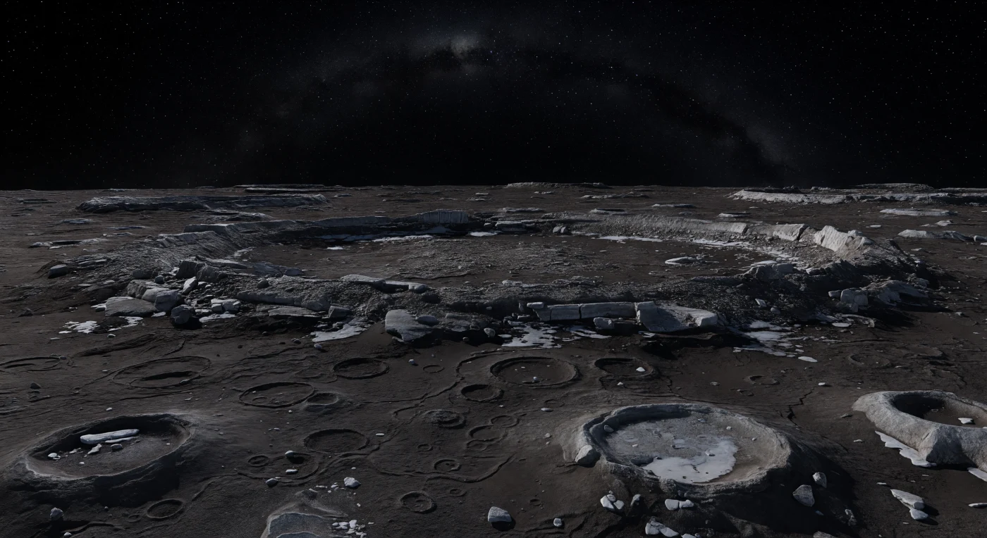 Hier, aan de grond op de van Jupiter afgekeerde nachtzijde, strekt zich een oeroud interkraterlandschap uit als een bijna zwarte vlakte van lage bulten, vervaagde kraterranden en brede, uitgevlakte inslagstructuren, slechts hier en daar getekend door zwakke zilvergrijze glinsteringen op blootliggend ijs. De bodem bestaat uit een mengsel van waterijs en silicaatrijk puin, bedekt met zeer donker bruinzwart stof en vergruisd regolith dat in de ijle kou al miljarden jaren vrijwel onveranderd is gebleven, omdat er geen atmosfeer, geen vloeistoffen en geen noemenswaardige geologische verjonging zijn om het oppervlak uit te wissen. In de absolute leegte boven de horizon is de hemel diepzwart en messcherp, vol sterren en doorsneden door een heldere band van de Melkweg, terwijl het ontbreken van lucht elk licht ongefilterd laat vallen in harde contrasten en volkomen zwarte schaduwen. De verre, lage ringen en afgeronde kraterlijnen blijven tot op tientallen kilometers duidelijk zichtbaar, waardoor de stilte, ouderdom en immense schaal van deze bevroren inslagwereld bijna tastbaar worden.