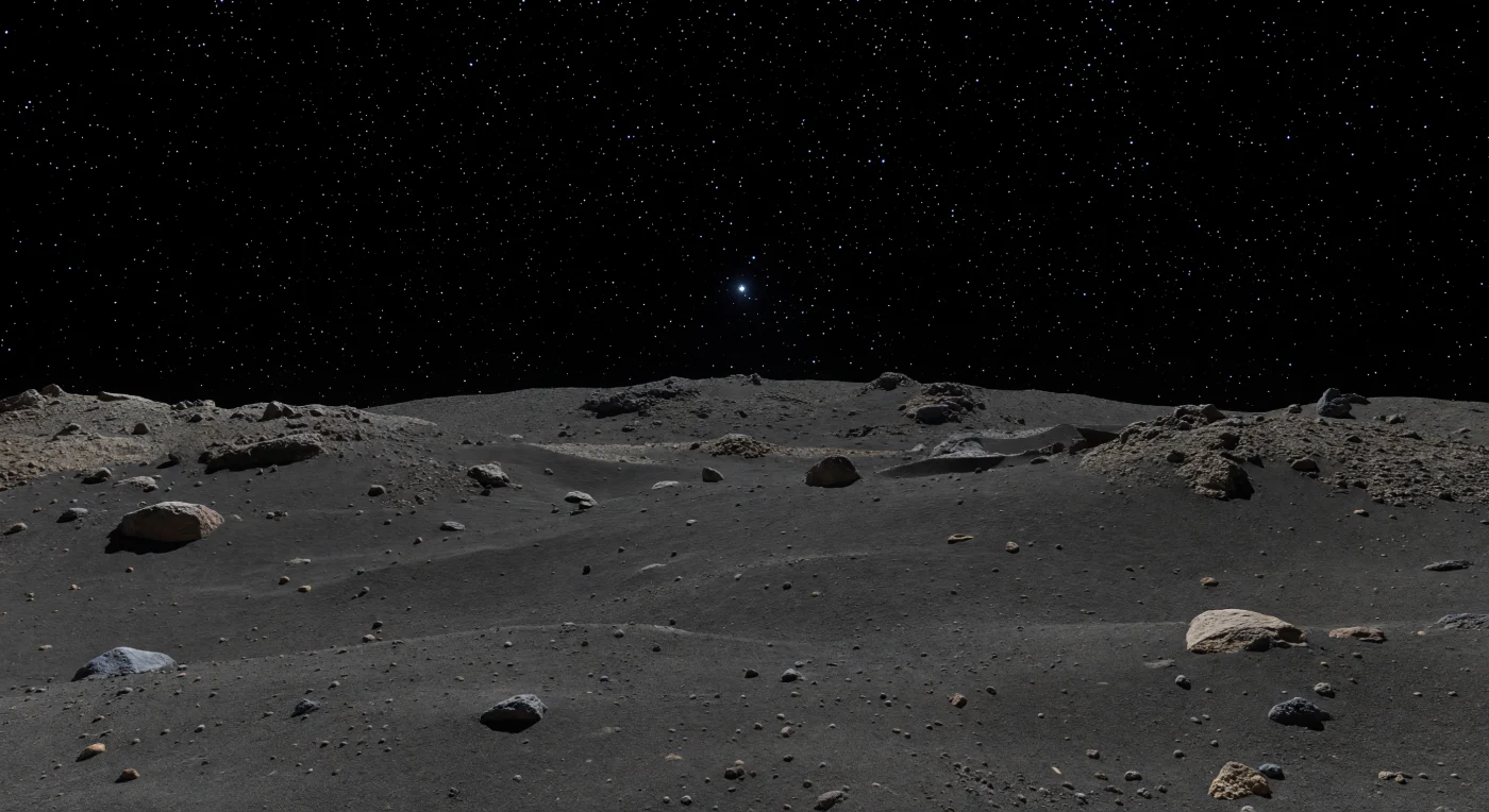 Op deze nachtzijde lijkt de vlakte minder een landschap dan een dun laagje donker, fijn silicatisch gruis en kleine kiezelstenen dat zich nog net vastklampt aan een uiterst kleine puinhoop-asteroïde, voordat het al na korte afstand achter een opvallend nabije, gekromde horizon verdwijnt. In het zwakke schijnsel van door naburig terrein weerkaatst zonlicht krijgen slechts de randen van kiezels, hoekige gewone-chondrietblokken en lage puinheuvels een flinterdunne contour; de rest zinkt weg in volstrekt zwarte, messcherpe schaduw, zoals alleen in een luchtledig vacuüm mogelijk is. Deze gladde “zee” van regolith is gevormd door migratie en sortering van losse korrels onder extreem zwakke zwaartekracht op een poreus, uit brokstukken opgebouwd lichaam, waar zelfs stof en kleine steentjes zich anders gedragen dan ons aardse gevoel verwacht. Boven die intieme, bijna onwerkelijk kleine wereld hangt een inktzwarte hemel vol harde sterren, met één opvallend helder blauw-wit lichtpunt — de aarde — dat de enorme leegte nog voelbaarder maakt.