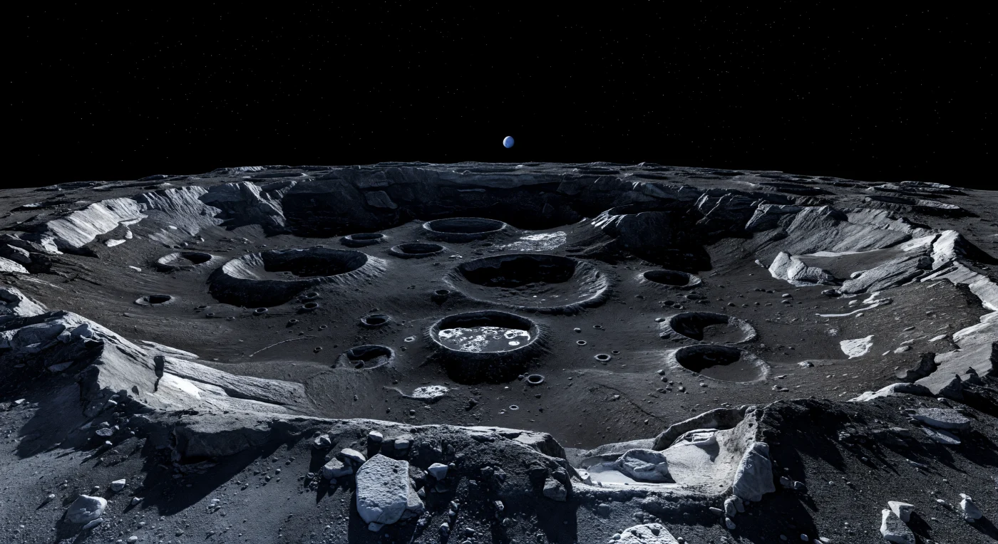 Vanaf de grillige rand van een oeroude inslagkrater kijk je uit over een eindeloze opeenstapeling van geneste bekkens, overlappende kraters en lage ejecta-heuvels die wegzakken naar een opvallend gekromde horizon, passend bij de kleine omvang van deze ijzige maan. Het oppervlak bestaat uit donker, houtskoolgrijs waterijs vermengd met koolstofrijk niet-ijsmateriaal, bedekt met fijne rijp, breccie en scherpgebroken blokken gesteente; in het luchtledige blijven randen en terrassen door de zwakke zwaartekracht en het ontbreken van erosie miljarden jaren lang uitzonderlijk scherp bewaard. Aan de terminator snijdt het verre, piepkleine zonlicht onder een zeer lage hoek over het terrein, zodat kammen koud zilvergrijs oplichten terwijl elke kuil en kraterbodem in bijna volmaakte zwarte schaduw verdwijnt, zonder atmosfeer om ook maar iets te verzachten. Boven die verstilde, bevroren ruïne hangt in een pikzwarte hemel een kleine blauwgroene schijf, en de stilte, het contrast en de enorme ouderdom van het landschap maken voelbaar hoe verlaten en buitenaards deze wereld is.