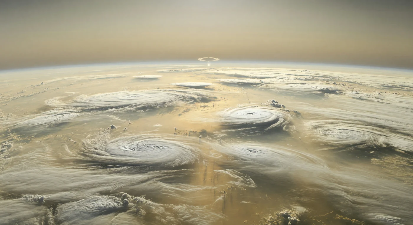 Voor je strekt zich geen land uit maar een eindeloze, gebogen oceaan van wolkenlagen, waar bleke beige en butterscotchkleurige banden over de horizon vloeien en een tros heldere witte ovale stormen oplicht als wervelende eilanden van ammoniakijs. Deze anticyclonische systemen, elk honderden tot duizenden kilometers breed, hebben zilver-crèmekleurige randen en iets verheven kernen, terwijl hun lange, door wind uitgetrokken slierten oplossen in donkerder tan- en olijfbruine nevels van diepere ammoniumhydrosulfide-lagen. Het zwakke, verre zonlicht — gefilterd door fotochemische smog en zwevende microkristallen — geeft het tafereel een koude, gedempte glans, met slechts zachte parelmoerachtige highlights op de stormtoppen en een flauwe, smalle boog van de ringen hoog aan de verre rand van de mist. Hier, nabij het 1-bar-niveau in een wereld zonder vast oppervlak, tonen de golvende patronen, draaikolken en afgeschoren wolkenvezels de enorme kracht van zonale winden die een volledig atmosferisch landschap modelleren.