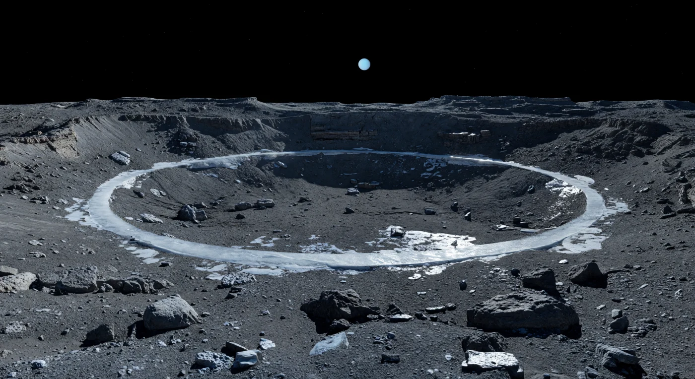 Vanaf de bodem van de krater buigt een spookachtig heldere ijsring door het sombere landschap, een brede boog van blauwwit, schoner waterijs die fel afsteekt tegen het donker staalgrijze puin en de houtskoolkleurige regolith. Onder het kleine, zwakke zonnetje valt hard, koud licht zonder atmosfeer ongehinderd op de ruwe vlakte, waardoor messcherpe zwarte schaduwen ontstaan tussen hoekige blokken, impactbreccie, met rijp bestoven keien en verweerde terrassen in de oude kraterwand. Deze donkere ondergrond bestaat waarschijnlijk uit waterijs-gesteente dat is vervuild door koolstofrijke stoffen en langdurige stralingsverwering, terwijl de opvallende annulus juist verser of schoner blootgelegd ijs markeert langs de binnenstructuur van de inslagkrater. Boven de zwarte hemel hangt een bleke cyaanschijf, veel groter zichtbaar dan de Zon, en over de verre horizon van overlappende kraterwallen en lage richels voelt dit verstilde, zwaar gebombardeerde terrein enorm, oud en bijna onaards leeg.