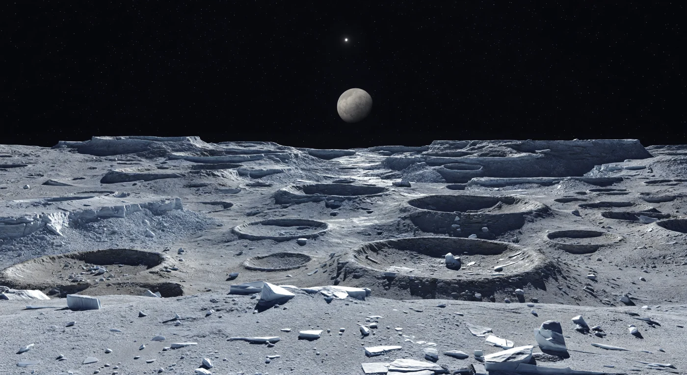 Across these ancient highlands, pale gray and bluish-gray ground stretches in a maze of overlapping impact scars, where shallow, softened craters, low hummocky ejecta, and fractured plains record a surface battered for billions of years. The crust here is dominated by water ice hardened into bedrock that breaks like stone, mixed with darker rocky material and littered with angular blocks and talus shed from crater walls and brittle slabs. In the airless cold, the black sky offers no haze to blur the view: distant rims and rugged uplands remain unnervingly sharp under the tiny, intense Sun, while deep shadows pool ink-black inside crater bowls and exposed ice flashes with cold highlights. Hanging low above the horizon, the companion world appears far larger than the Sun, reinforcing the eerie scale of this frozen landscape and the weak gravity that lets its stark relief endure.