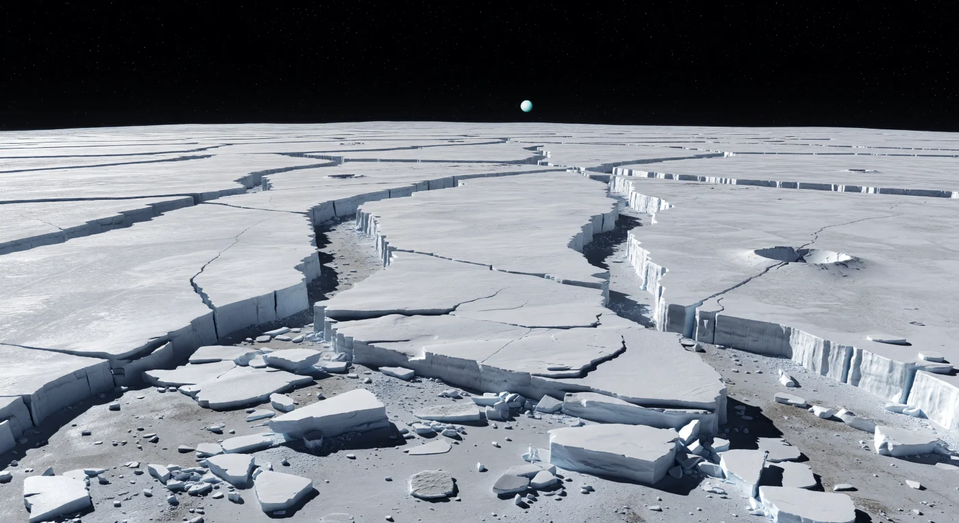 You stand on a brilliant expanse of water-ice crust where multiple nearly parallel graben carve the landscape into a repeating pattern of luminous fault scarps and darker, debris-dusted trough floors that run for kilometers toward a razor-sharp horizon. The pale silver-gray surface, fractured into angular blocks, frost-coated rubble, narrow fissures, and collapsed slabs, records a world once pulled apart by powerful tectonic stresses, likely driven by ancient internal heating that fractured and resurfaced this icy shell. In the weak but high noon sunlight, clean ice flashes with cold white glints while hard-edged shadows pool in the trenches, their unusual crispness preserved by vacuum, low gravity, and an almost nonexistent atmosphere. Against the perfectly black sky, the immense scale feels uncanny: canyon-like bands repeat across the plains, old impact scars lie sliced and offset by faulting, and every ledge and terrace appears etched with extraordinary clarity into this frozen, otherworldly crust.