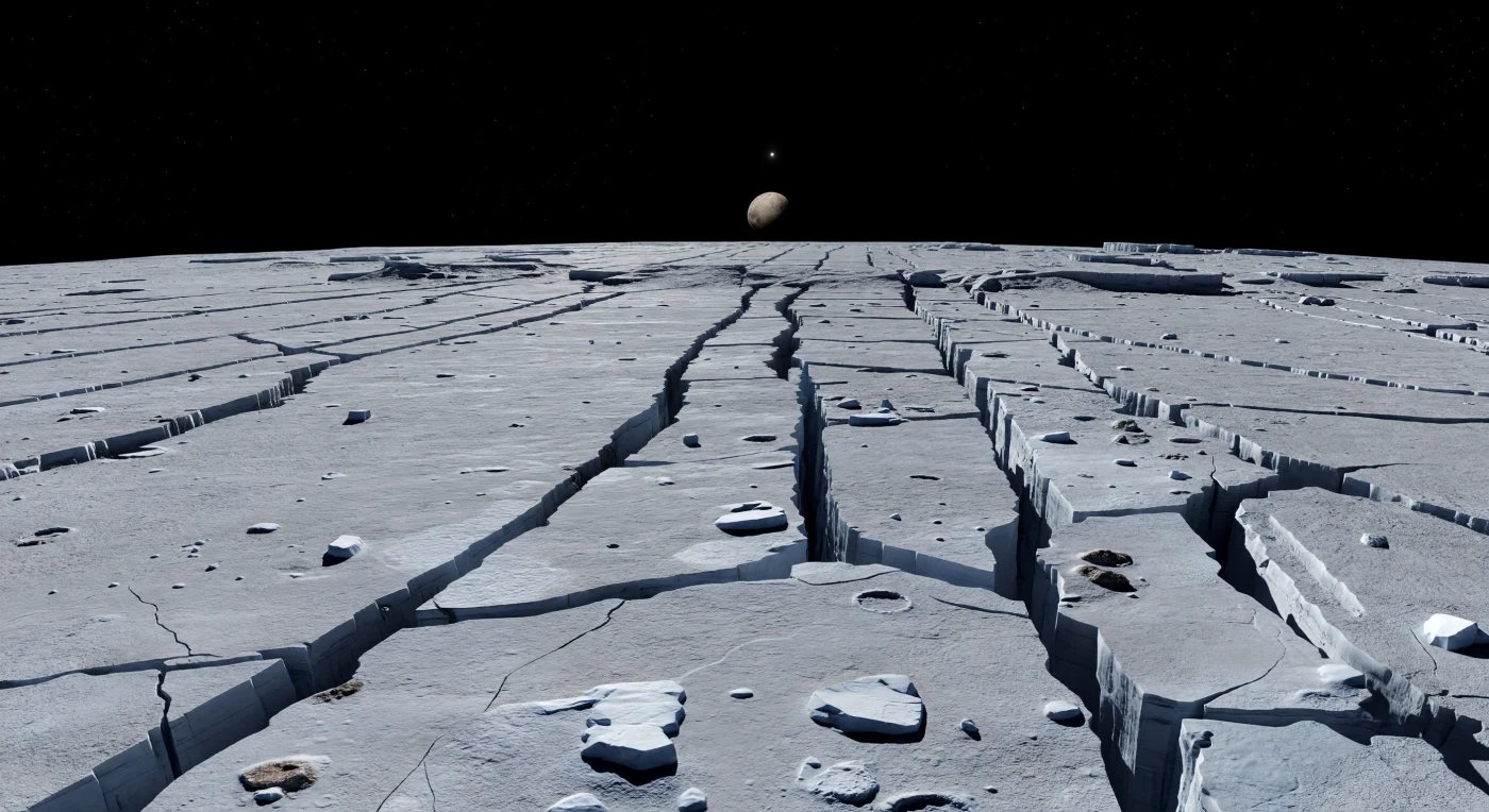 Long, nearly parallel rifts carve the frozen plain into a stark geometry of trenches, step-faulted ridges, and tilted crustal blocks that march toward the curved horizon, their pale gray ice facets blazing in sunlight while adjacent walls vanish into absolute black shadow. Under this moon’s airless sky, the ground is a cryogenic mix of water-ice bedrock, frost-dusted regolith, and ice-cemented rocky debris, fractured by ancient extensional tectonics that split the crust into graben and left sharp scarps unusually crisp because there is no atmosphere, liquid, or active erosion to soften them. The low gravity lets these icy landforms stand tall and steep, so that even scattered impact craters and isolated uplifted blocks feel immense against the repeating bands of the rift system. Above the silent landscape, a small hard Sun and the fixed disk of its companion world hang over a black sky, making the scene feel both mathematically orderly and profoundly alien.