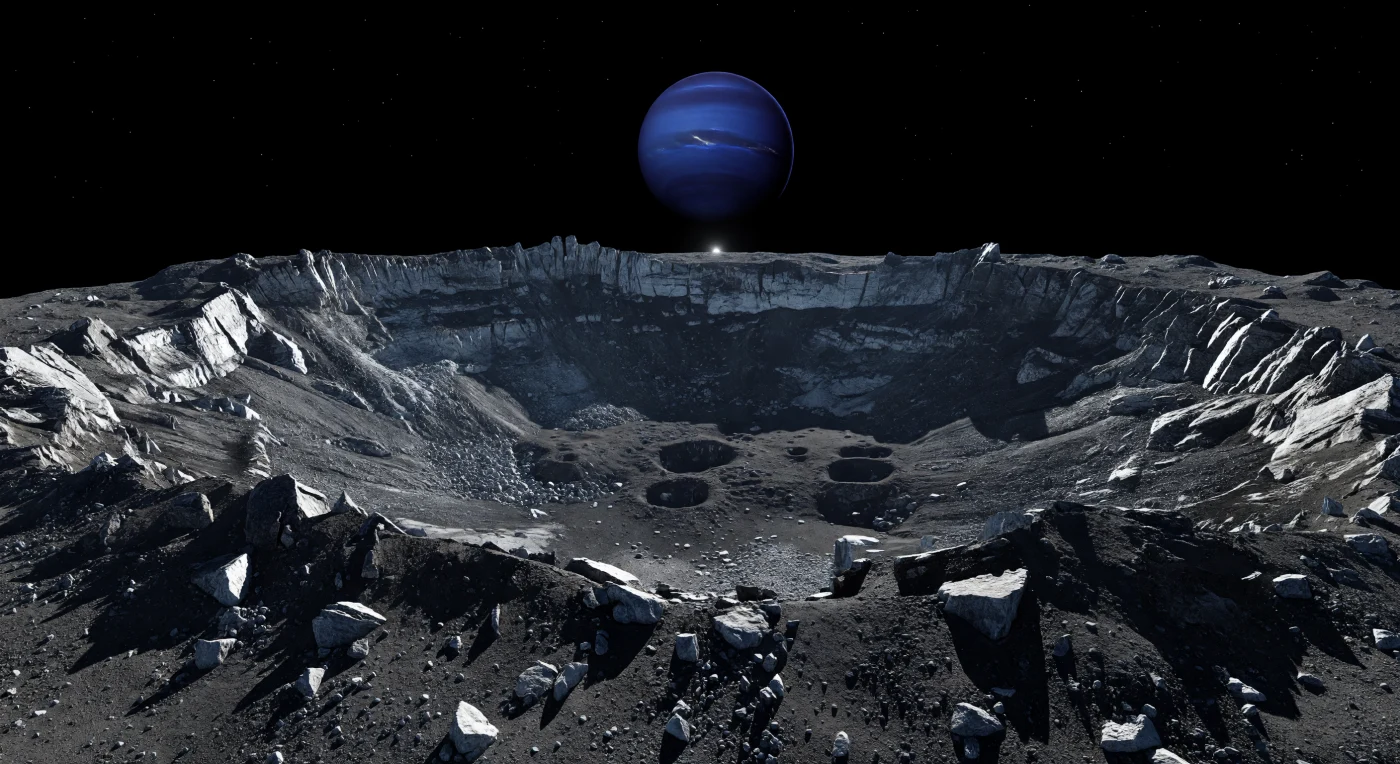 From this jagged perch on Pharos’s shattered rim, the ground is a chaos of angular charcoal-dark breccia, fractured water-ice bedrock, and scattered blocks that plunge down steep terraces into an enormous impact basin whose far walls remain starkly visible across immense distances in the airless clarity. Proteus’s weak gravity and deep cold have preserved a landscape of unusually sharp relief for such a small moon: serrated outcrops, slump scars, talus slopes, hummocky ejecta, and secondary craters remain crisp because there is no atmosphere, no liquid erosion, and no weather to soften them. The surface materials appear dark because dirty ice is mixed with silicate and carbon-rich debris, while exposed ice flashes with cold white glints under the tiny, low Sun, which casts kilometer-long shadows black as ink. Above the horizon hangs a colossal blue Neptune, nearly motionless in the sky, turning this silent overlook into a place that feels both frozen in time and vast beyond measure.