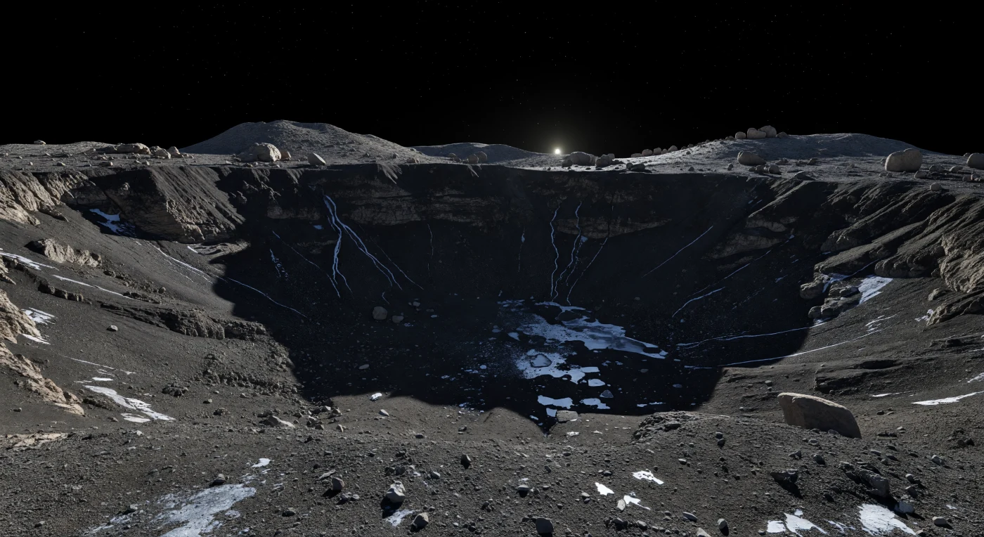 At the edge of this polar crater, you stand on a brittle plain of charcoal-gray regolith—clay-rich, salt-bearing, and littered with sharp impact-shattered rocks—while the ground falls away into an interior so cold and dark it is almost pure black, broken only by faint silver-blue flashes from frost films and exposed water ice. The steep walls descend in terraces and fractured ledges, their talus slopes and subtle bright streaks marking where ice can persist for geologic time in permanent shadow, protected in a near-vacuum so thin it offers no haze, no weather, and no softening of light. Above, the far rim rises like a ring of low mountains, glowing pale gray-gold under a small, distant Sun whose grazing rays cast knife-edged shadows across boulders the size of houses and debris fields frozen in place by weak gravity. Against the black sky, stars remain visible even in daylight, heightening the uncanny stillness of a world where dark hydrated minerals, salts, and cold-trapped ice preserve a record of both ancient impacts and buried volatiles.