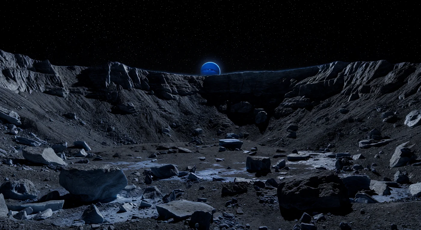 From the floor of this polar shadow crater, the landscape is almost swallowed by darkness: a jagged plain of charcoal-black rubble, shattered boulders, and granular ice-rich regolith, with only a few bluish-gray frost patches faintly lifting out of the gloom. The towering crater walls rise steeply overhead in crisp ledges, slump terraces, and talus slopes, their heavily cratered water-ice bedrock darkened by space weathering and mixed with carbon-rich and silicate material, preserving sharp relief because the airless, frigid surface experiences virtually no erosion. In the weak vacuum clarity, stars burn above while a giant blue planet hangs low beyond the rim, casting a dim cold glow that barely traces the frost and the edges of house-sized blocks across this ancient, uneven floor. The scene feels immense yet frozen in time, revealing how a small world with extremely low gravity can remain rugged, irregular, and mechanically strong instead of relaxing into a smoother sphere.