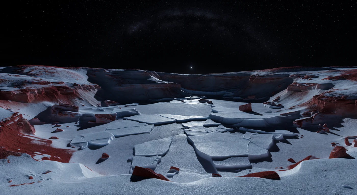 Inside this immense polar hollow, the floor lies in near-eternal darkness, glazed with an intensely bright bluish-white frost that sparkles faintly where weak light ricochets down from the sunlit rim. The surface is a cryogenic mosaic of polygonal cracks, brittle sintered ice plates, shallow troughs, and sharp scarps, interrupted by scattered angular boulders whose dark reddish tholin coatings stand out against the nearly monochrome frost. Along the basin walls, steep low-gravity cliffs expose bands of deep crimson organic-rich mantle over cleaner methane-, nitrogen-, and water-ice-rich layers, while the distant rim towers hundreds of meters above, casting razor-edged shadows through the airless void. Overhead, a perfectly black sky crowded with stars and crossed by the Milky Way deepens the silence, and the Sun itself is only a brilliant point—so remote that this frozen landscape is illuminated less by direct daylight than by ghostly reflected glints from the ice.